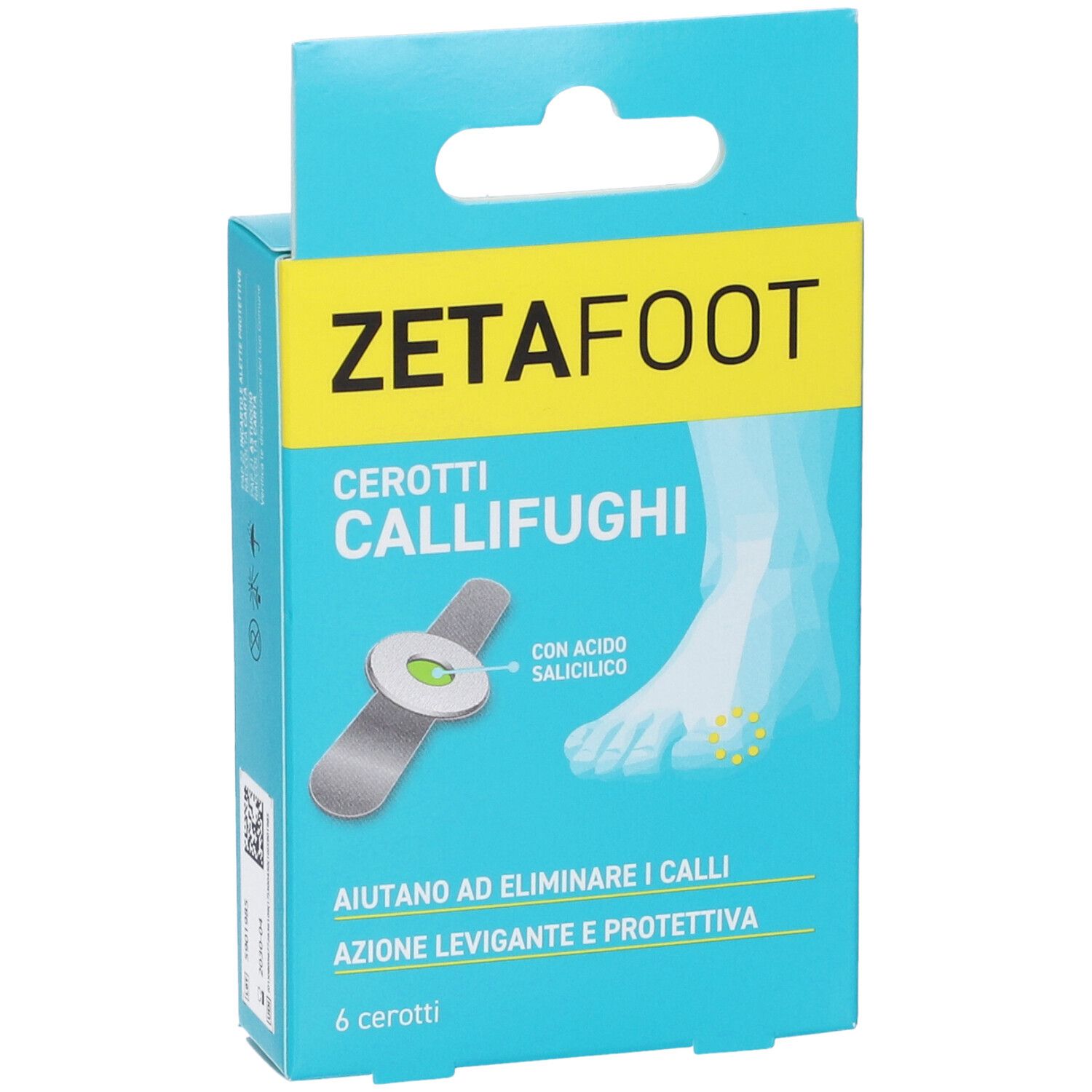 ZetaFoot Cerotti Callifughi Verpackung. Enthält 6 Pflaster, 7,2 x Ø 2 cm. Aufdruck mit Fußabbildung.