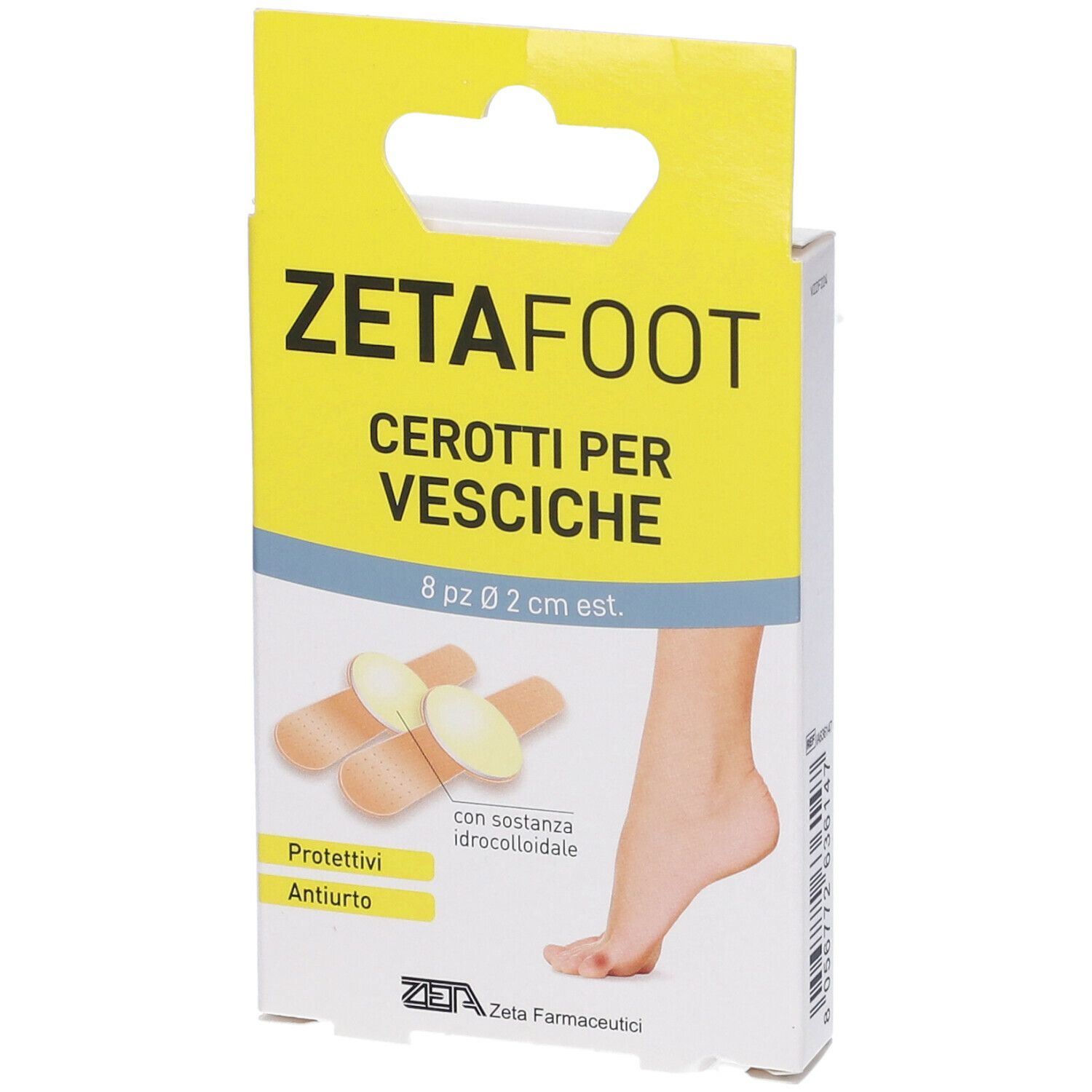 Confezione Zetafoot, cerotti per vesciche. Contiene 8 pezzi, diametro 2 cm. Immagine di un piede.