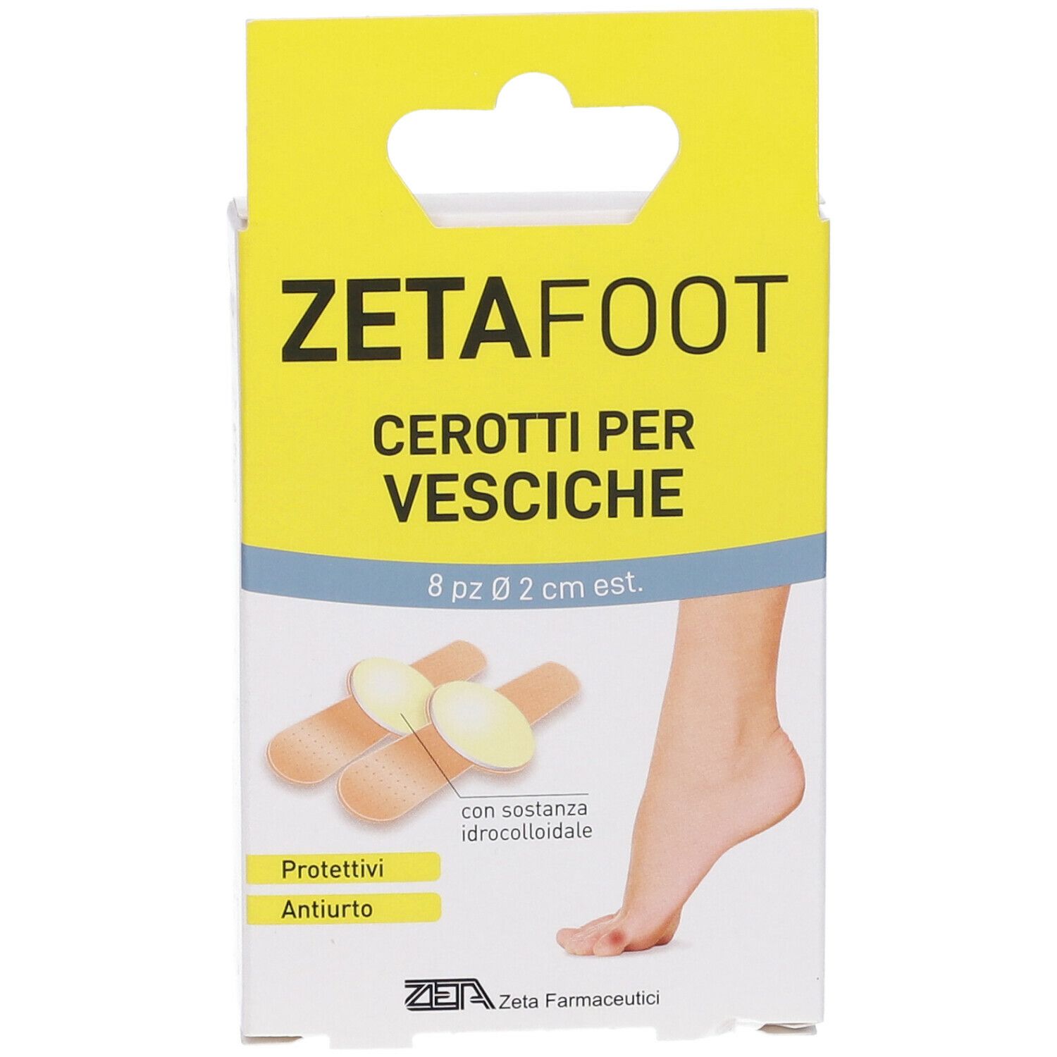 Confezione Zetafoot, cerotti per vesciche. Contiene 8 pezzi, diametro 2 cm. Immagine di un piede.