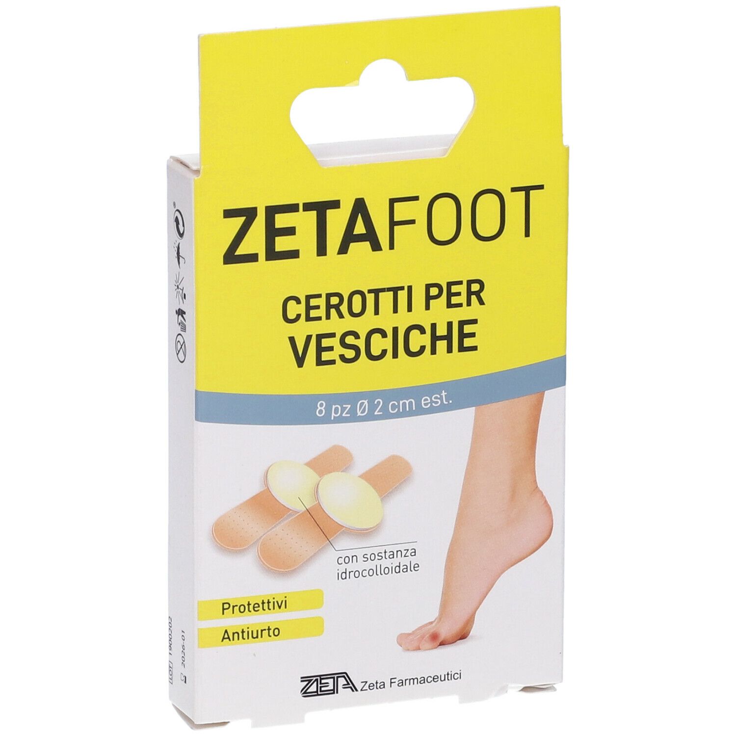 Confezione Zetafoot, cerotti per vesciche. Contiene 8 pezzi, diametro 2 cm. Immagine di un piede.