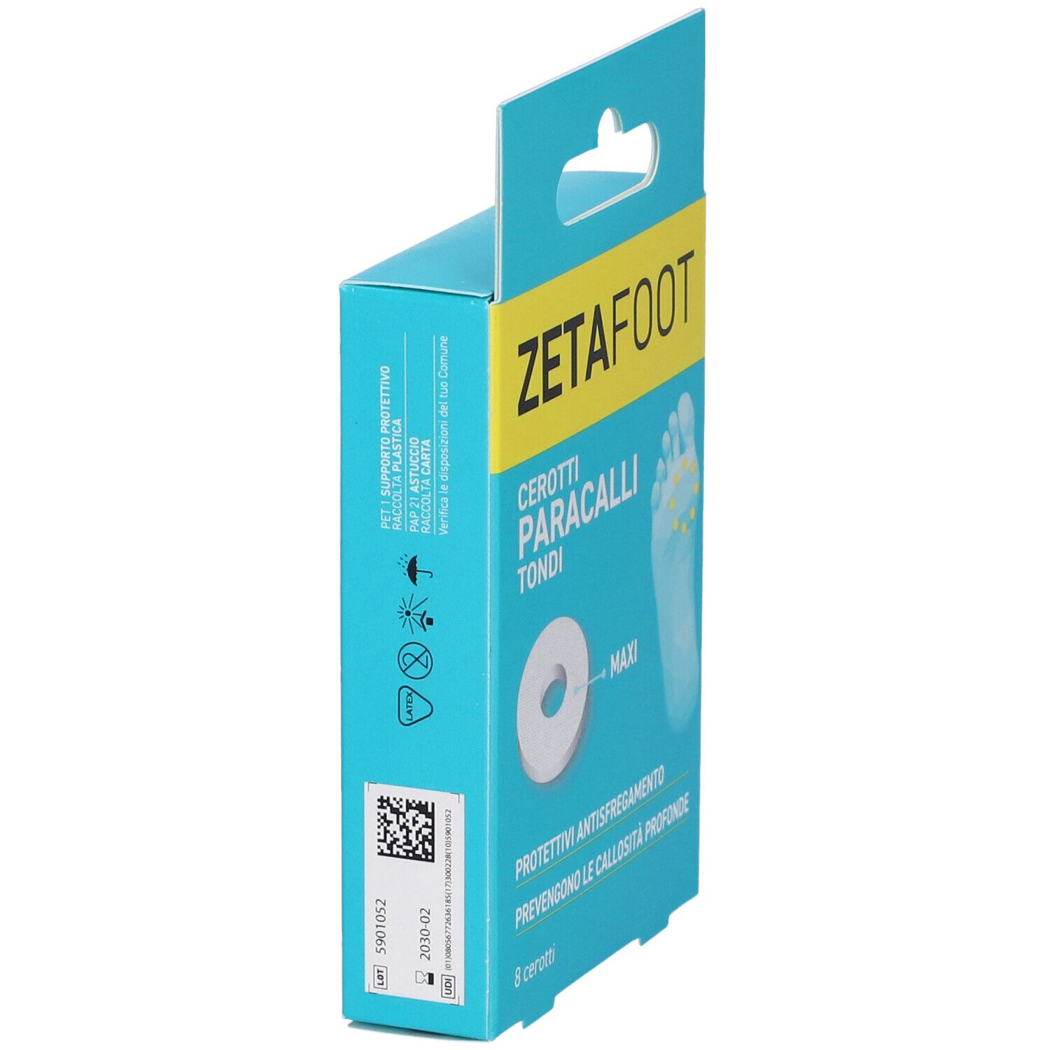 ZETAFOOT-Verpackung, seitliche Ansicht. Text: CEROTTI PARACALLI TONDI. Mit QR-Code und Informationen zur Herstellung.