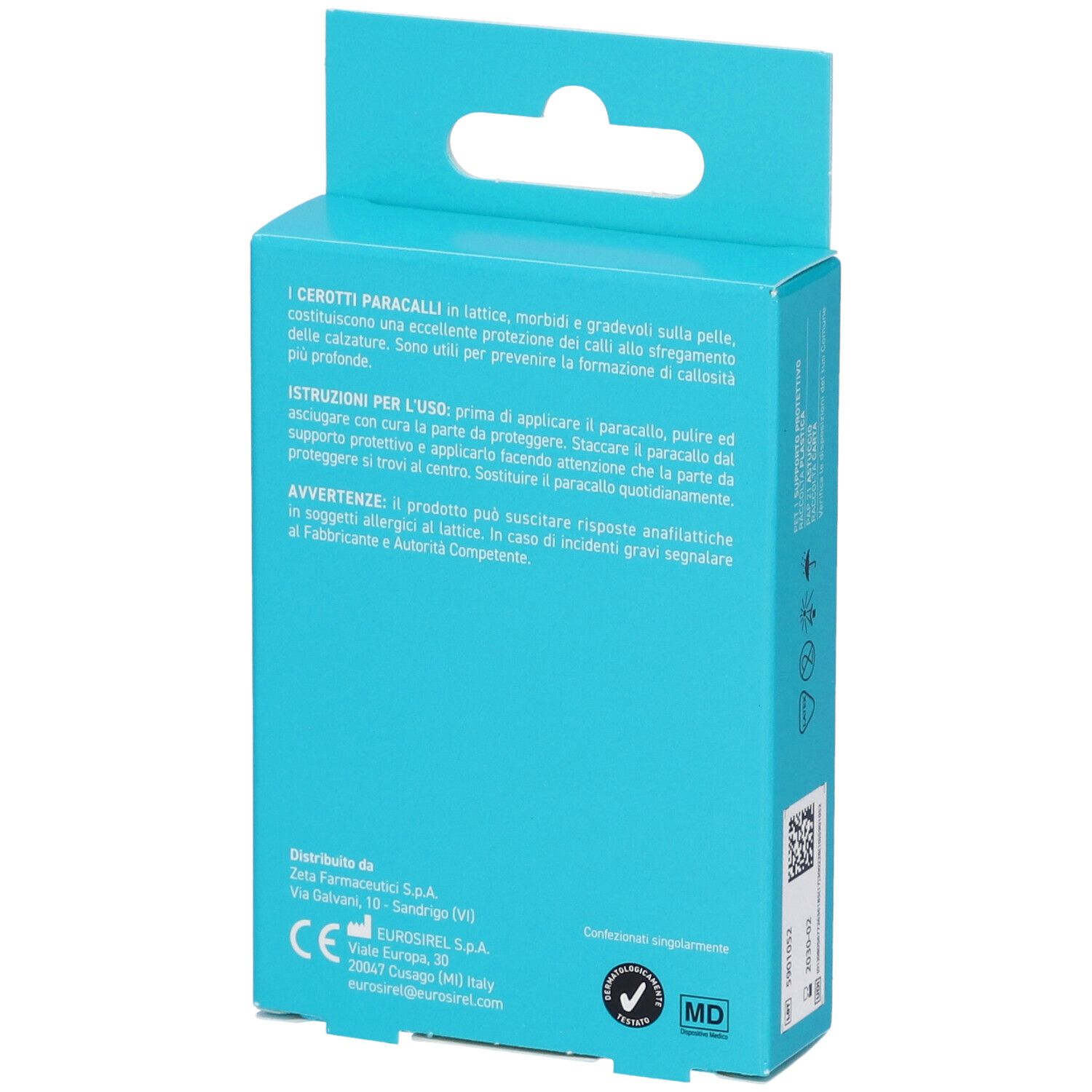 Rückseite der ZETAFOOT-Verpackung. Text: CEROTTI PARACALLI TONDI. Gebrauchsanweisung und Herstellerinformationen.