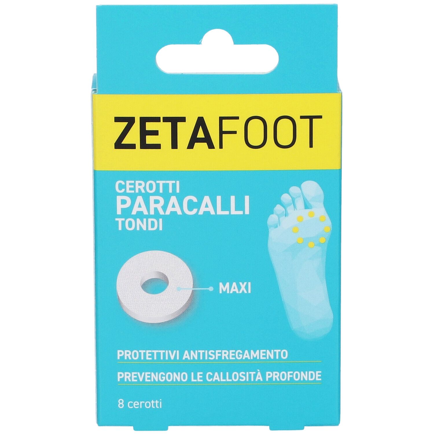 ZETAFOOT-Verpackung. Text: CEROTTI PARACALLI TONDI. Runde Pflaster mit Fuß-Illustration. 8 Pflaster.