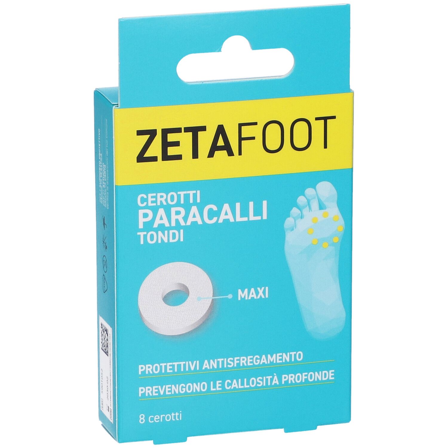 ZETAFOOT-Verpackung. Text: CEROTTI PARACALLI TONDI. Runde Pflaster mit Fuß-Illustration. 8 Pflaster.