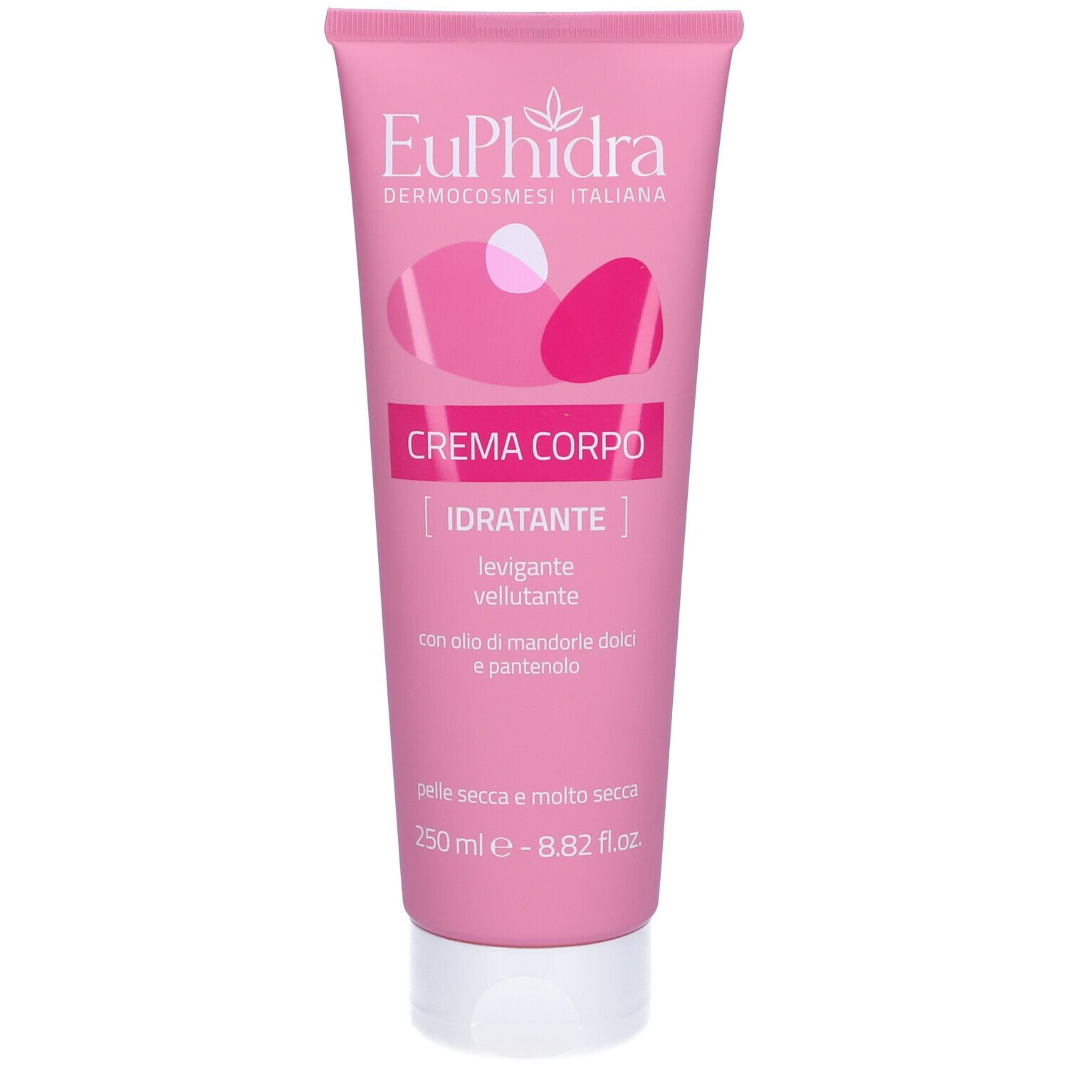 Tubo rosa Euphidra. Logo e "Crema Corpo". Testo: "Idratante", "pelle secca e molto secca". Contenuto: 250 ml.