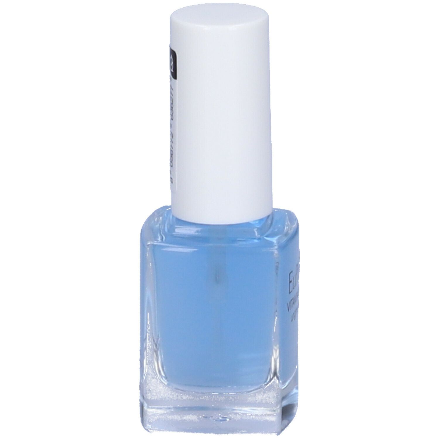 Flacone di smalto blu con tappo bianco. Etichetta sul retro.