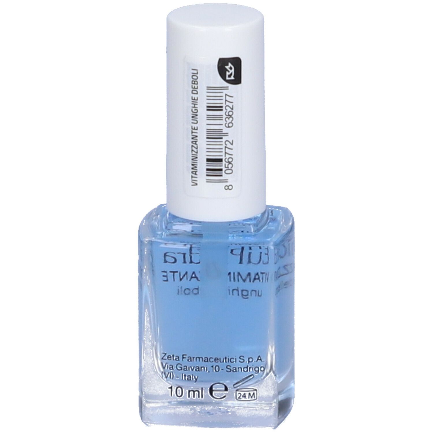 Flacone di smalto blu con tappo bianco. Scritta: EuPhidra Vitaminizzante Unghie Deboli. 10 ml.