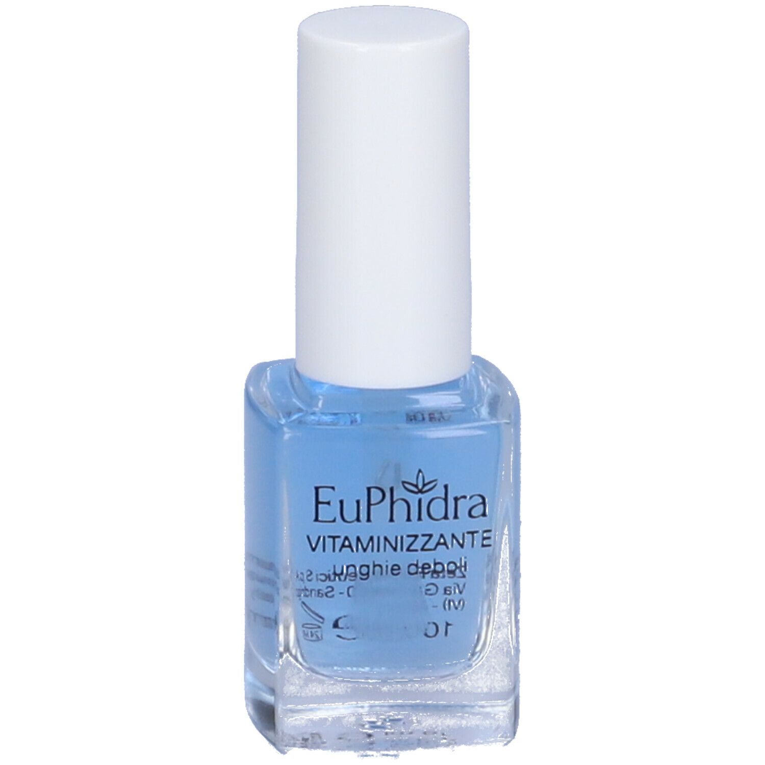 Flacone di smalto blu con tappo bianco. Scritta: EuPhidra Vitaminizzante Unghie Deboli.