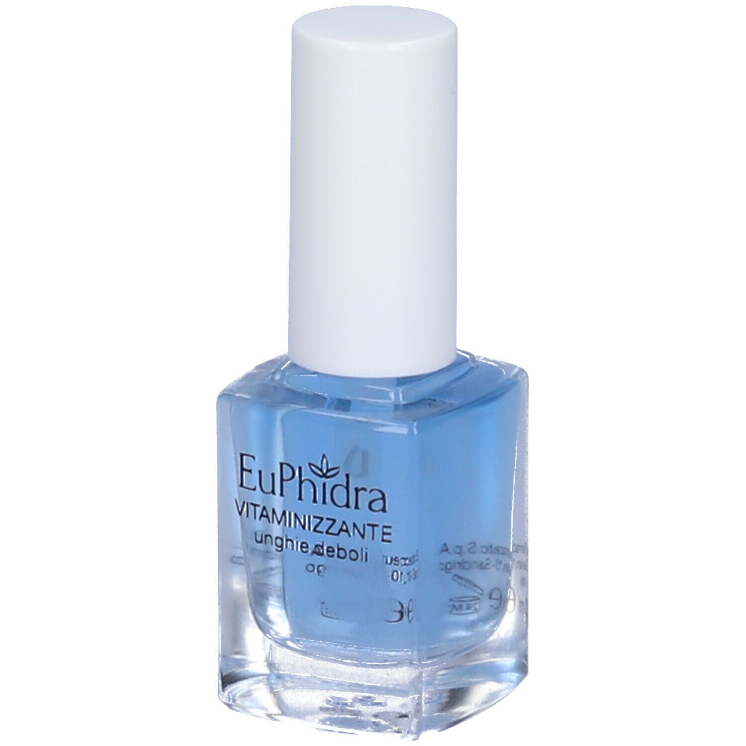 Flacone di smalto blu con tappo bianco. Scritta: EuPhidra Vitaminizzante Unghie Deboli.