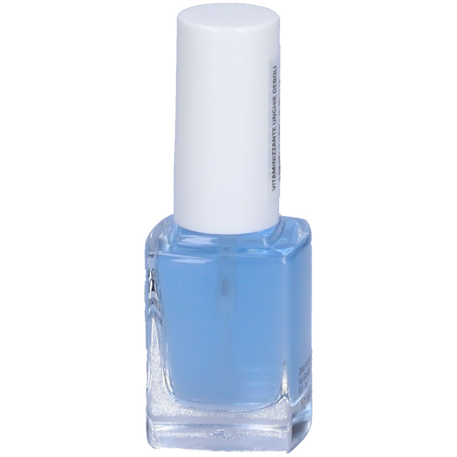 Flacone di smalto blu con tappo bianco. Scritta: Vitaminizzante Unghie Deboli.