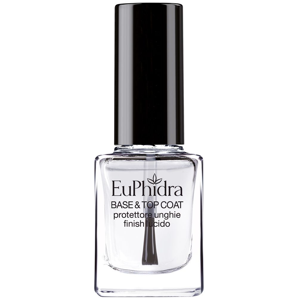 Flacone di smalto trasparente con tappo nero. Scritta: Euphidra Base & Top Coat.