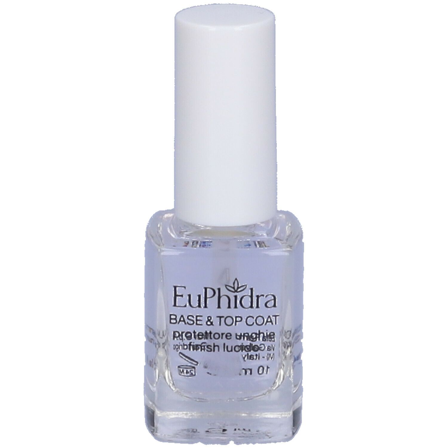 Flacone di smalto con tappo bianco. Scritta: Euphidra Base & Top Coat.