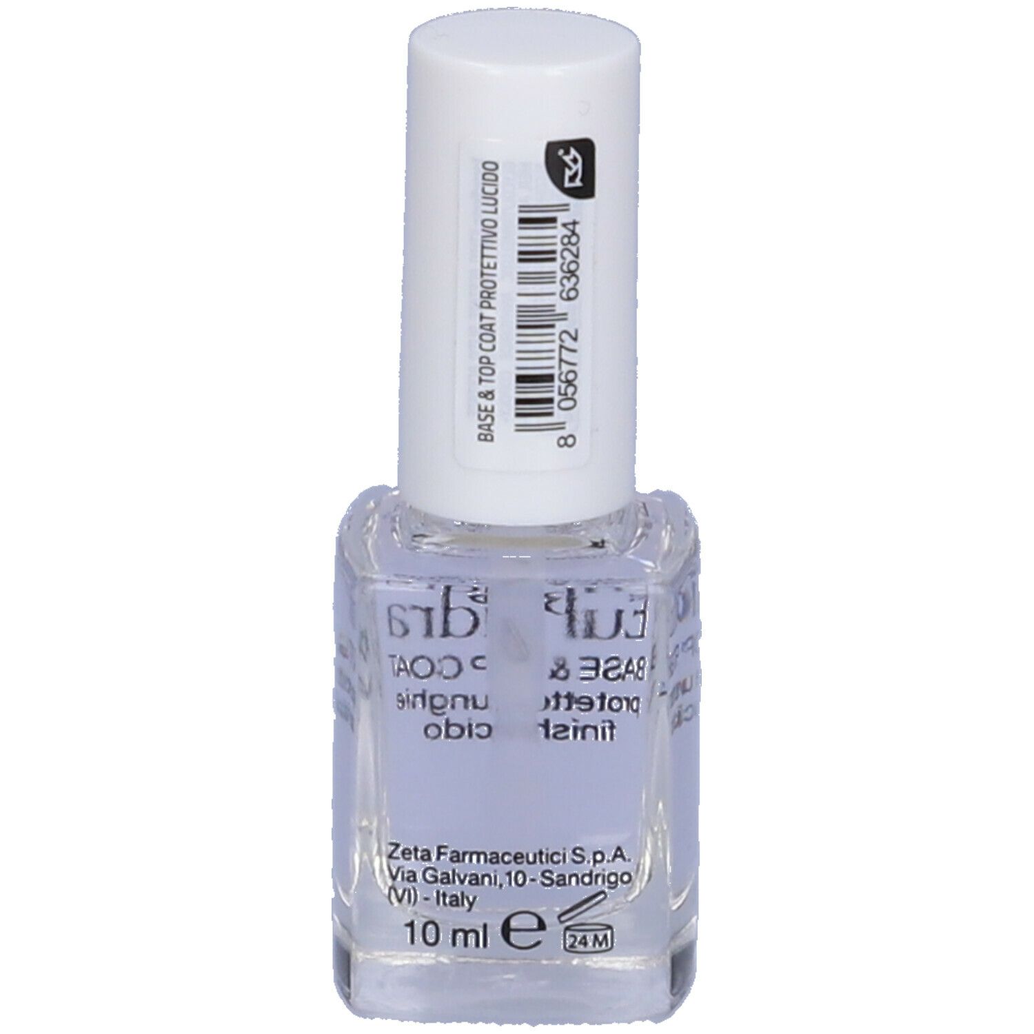 Flacone di smalto con tappo bianco. Scritta: Euphidra Base & Top Coat, 10 ml.