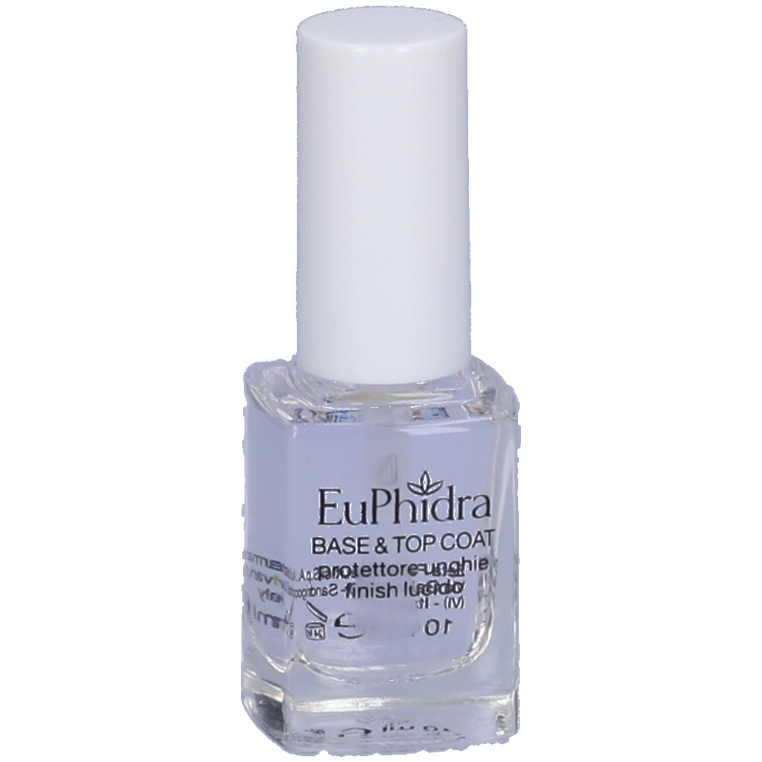 Flacone di smalto con tappo bianco. Scritta: Euphidra Base & Top Coat.