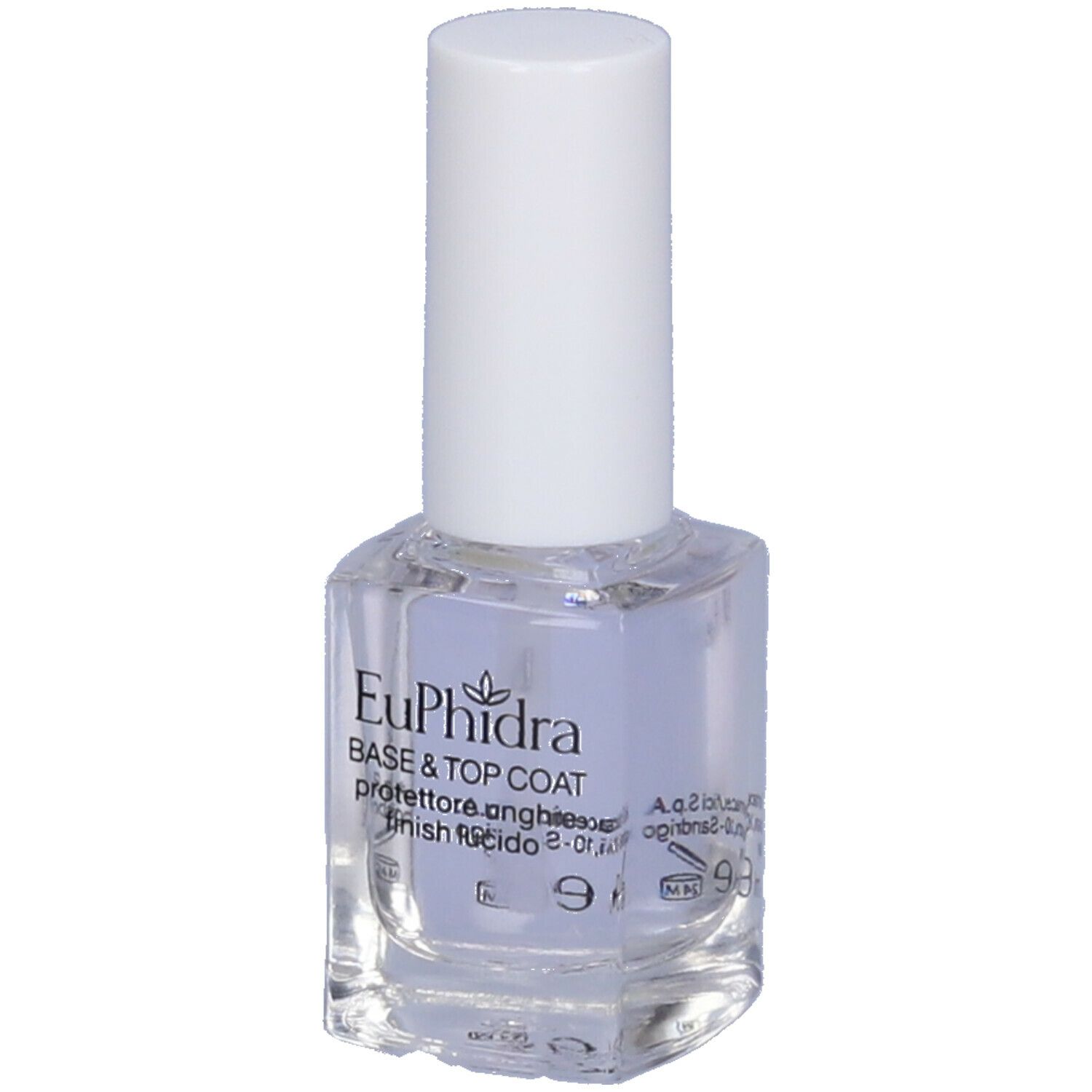 Flacone di smalto con tappo bianco. Scritta: Euphidra Base & Top Coat.