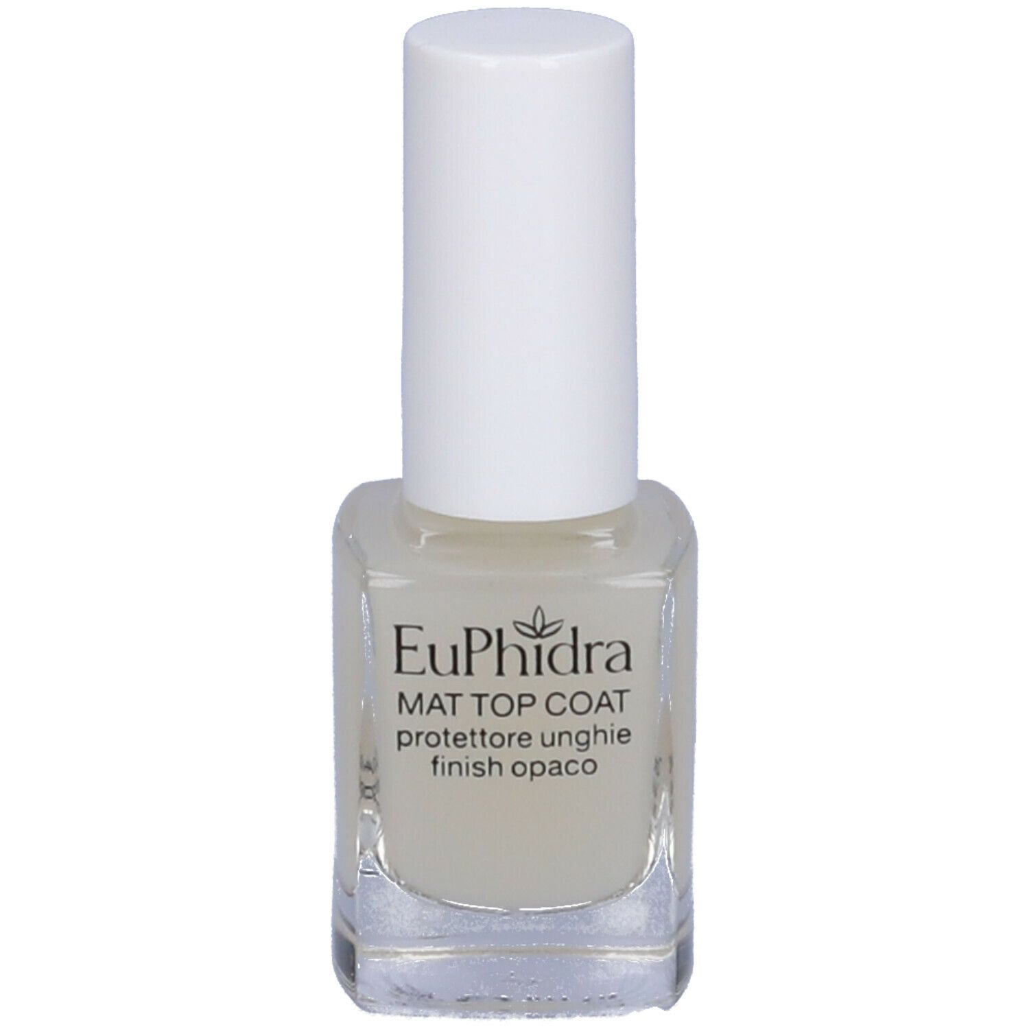 Flacone smalto con tappo bianco. Scritta: Euphidra MAT TOP COAT, protettore unghie, finish opaco. Contenuto lattiginoso.