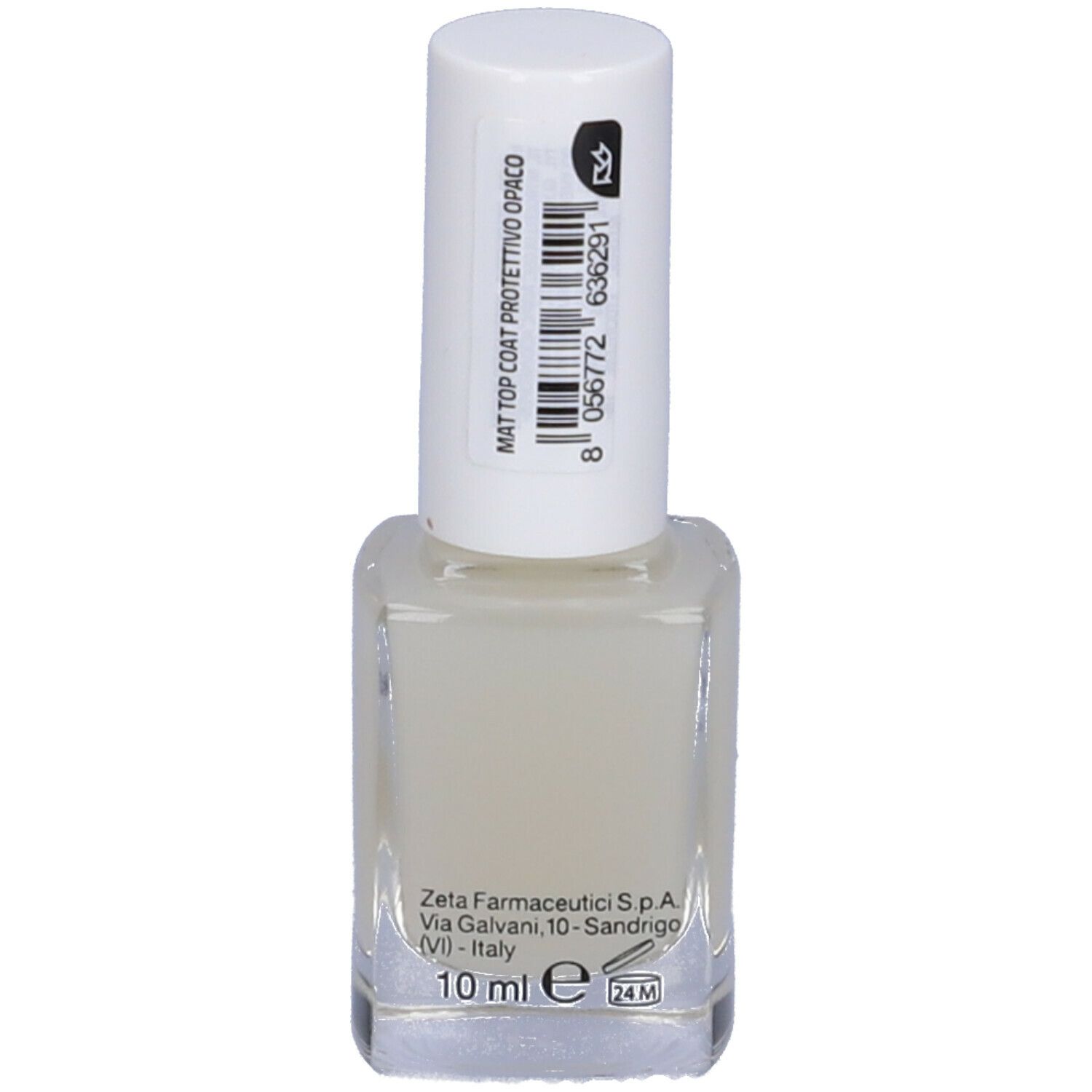Flacone smalto con tappo bianco. Scritta: Euphidra MAT TOP COAT, protettore unghie, finish opaco. 10 ml, 24M.