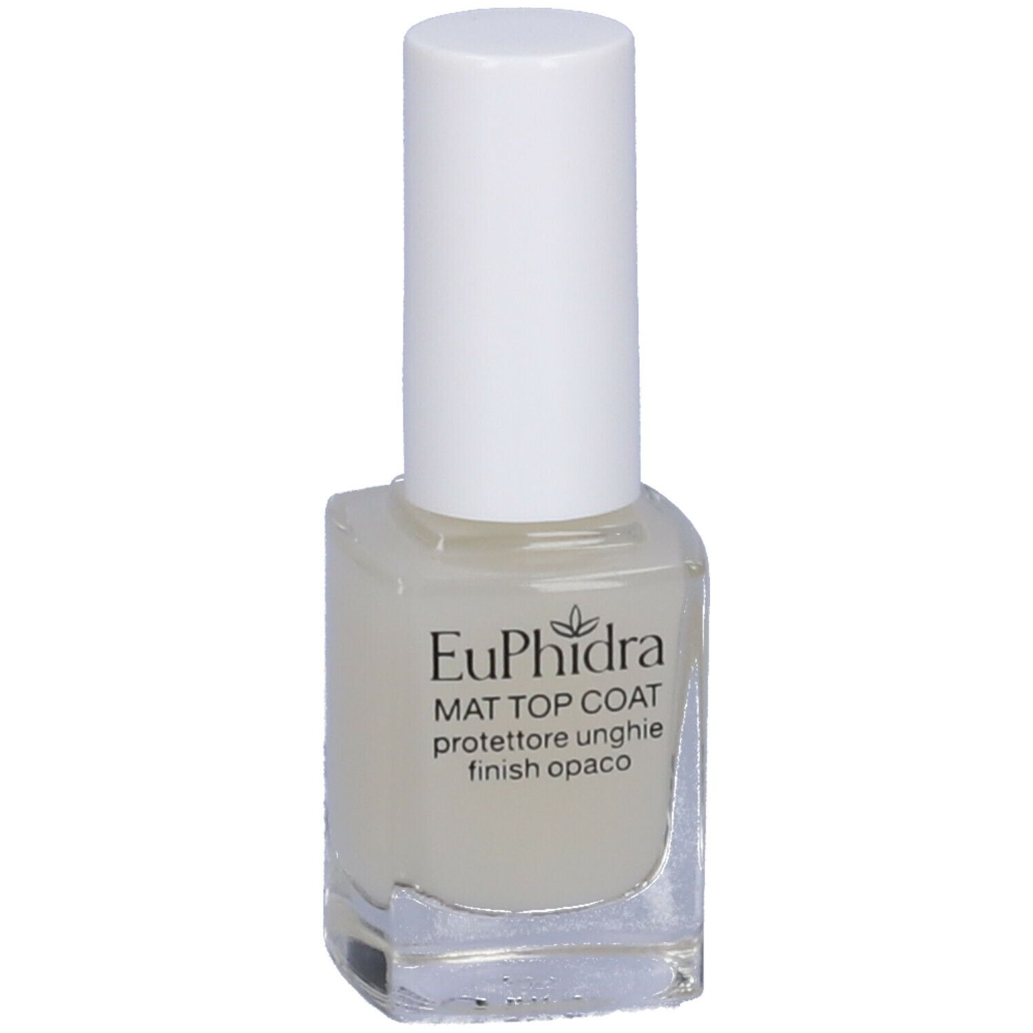 Flacone smalto con tappo bianco. Scritta: Euphidra MAT TOP COAT, protettore unghie, finish opaco. Vista del prodotto.