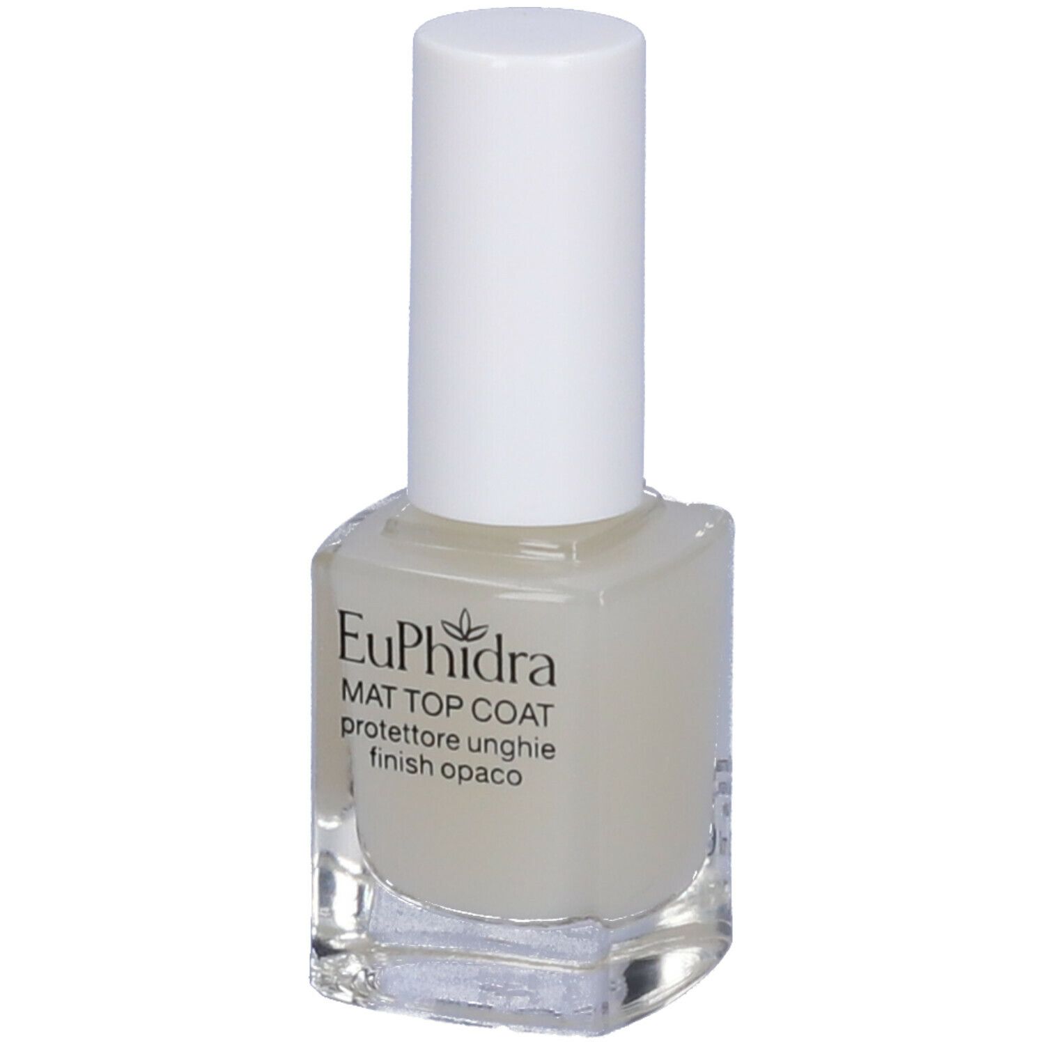 Flacone smalto con tappo bianco. Scritta: Euphidra MAT TOP COAT, protettore unghie, finish opaco. Vista del prodotto.