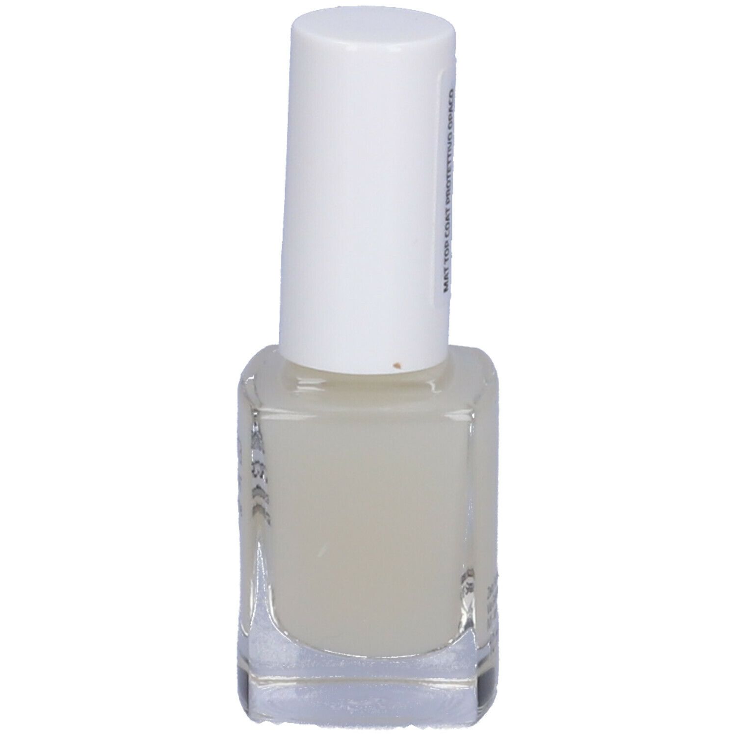 Flacone smalto con tappo bianco. Scritta: Euphidra MAT TOP COAT, protettore unghie, finish opaco. Etichetta.
