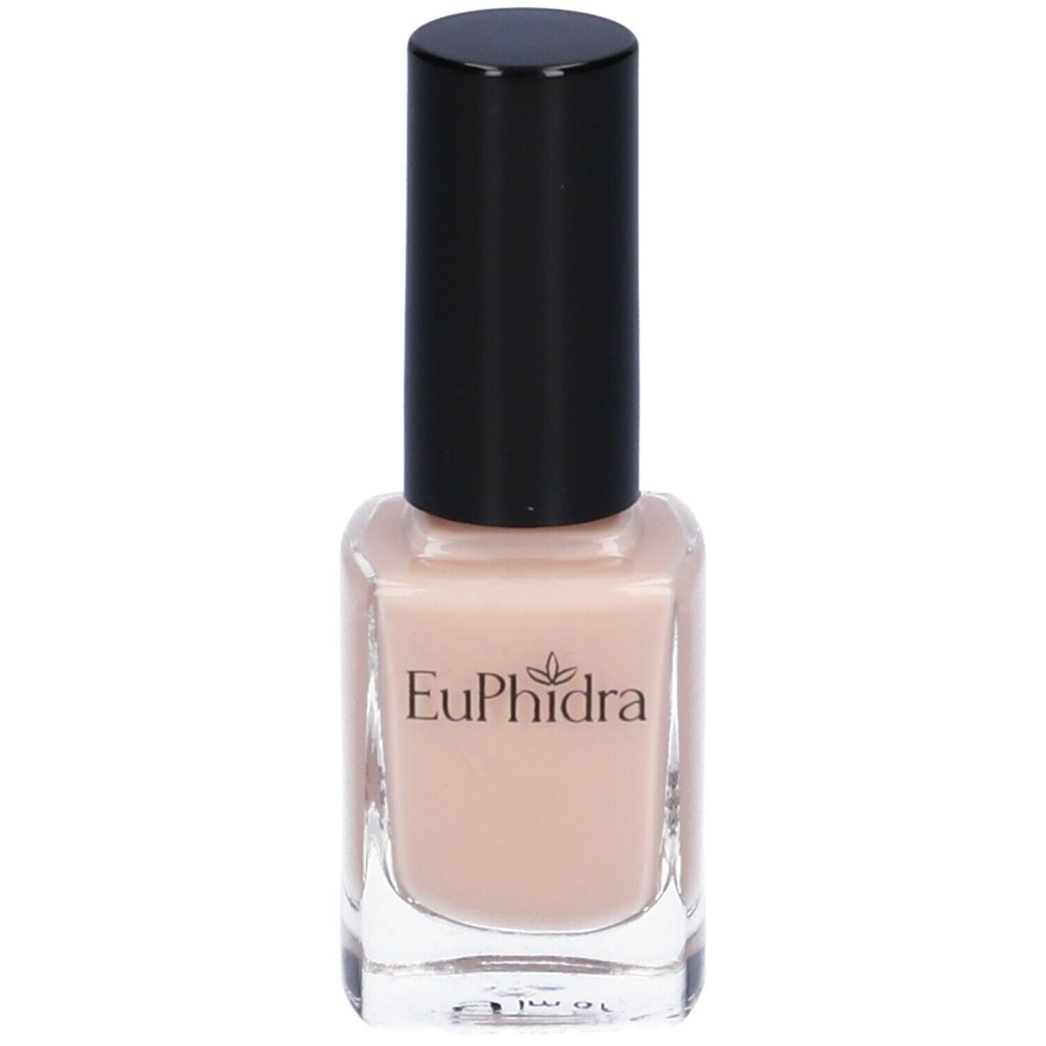 Flacone di smalto beige con tappo nero. Visibile il logo Euphidra.