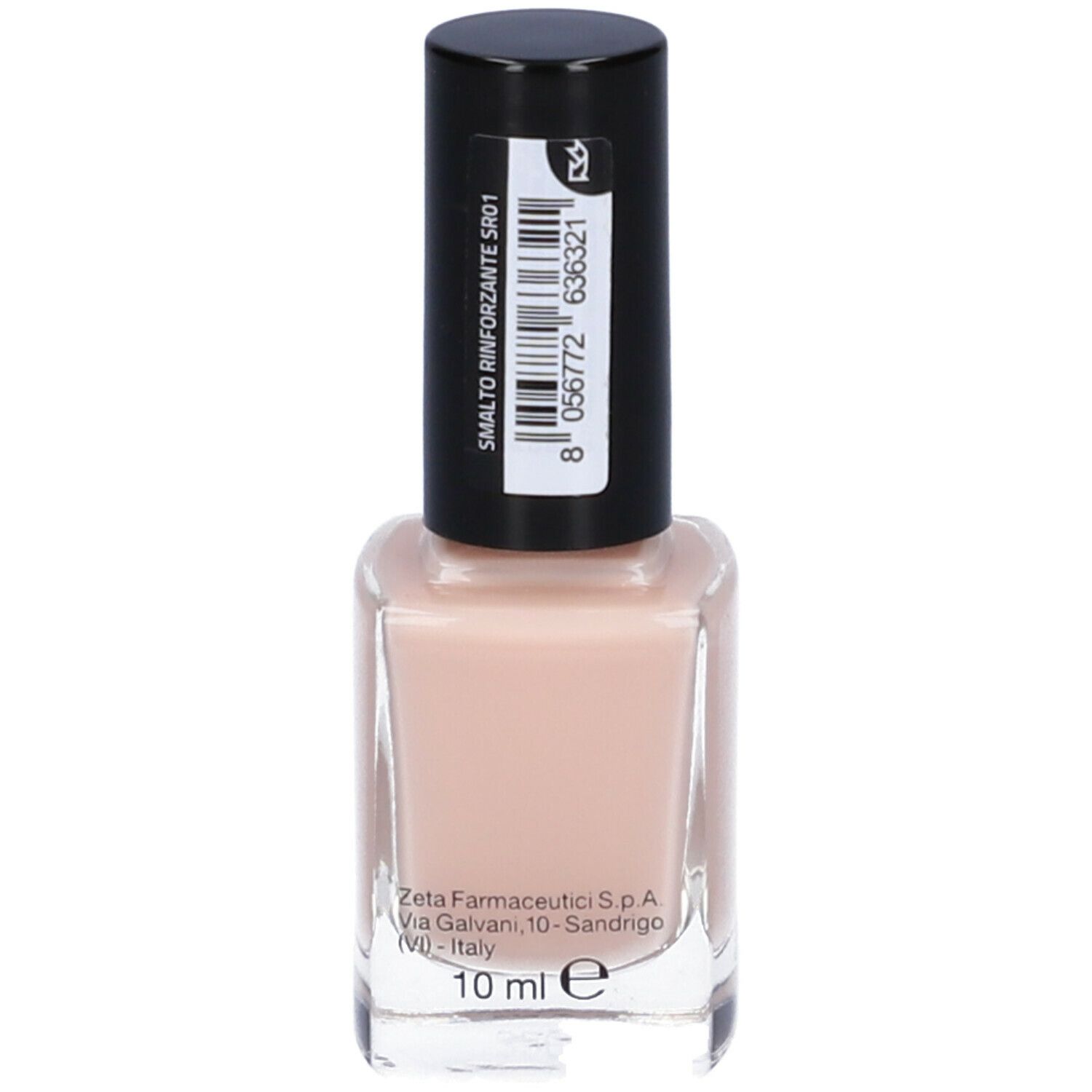 Flacone smalto beige con tappo nero. Etichetta con 'SMALTO RINFORZANTE SR01'.