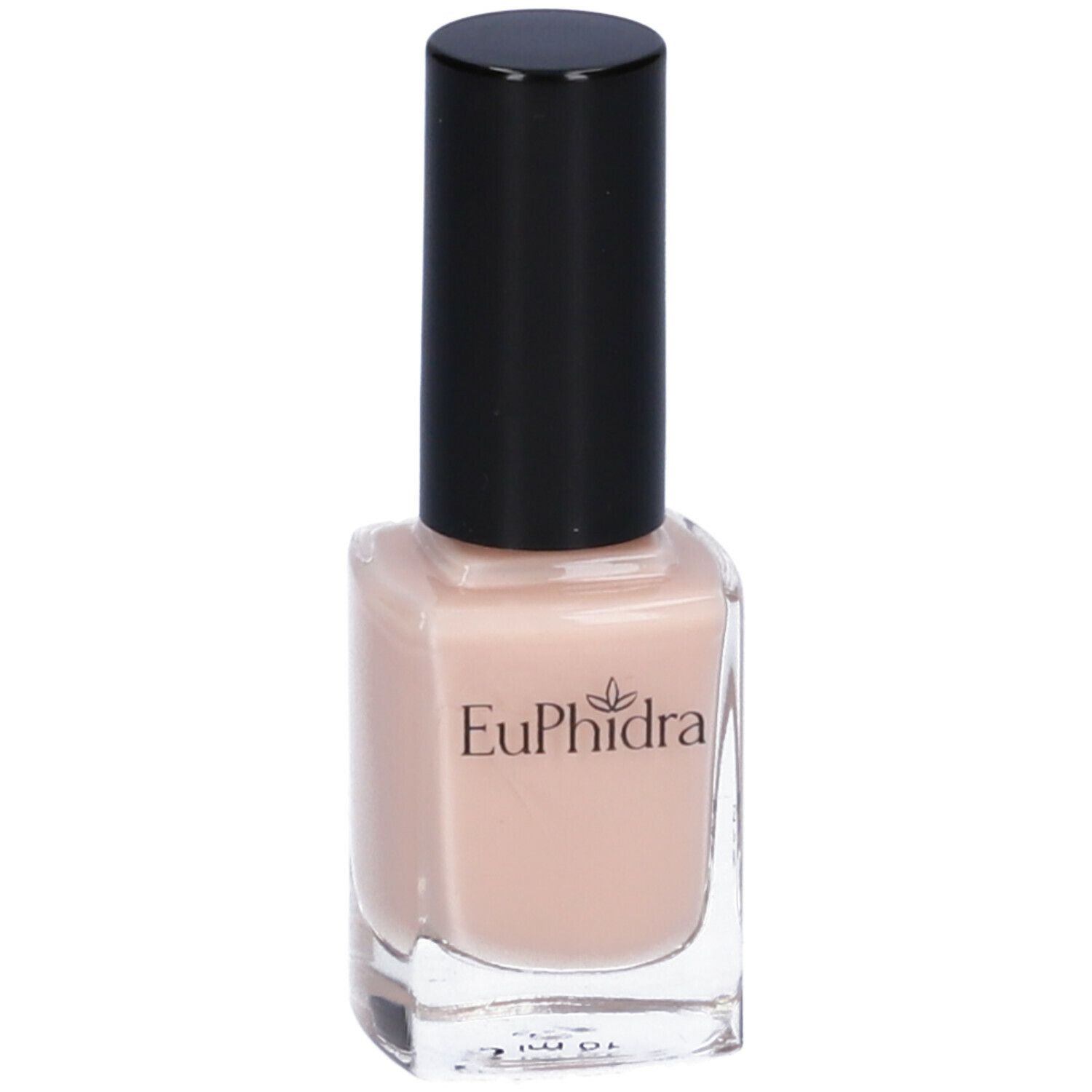Flacone di smalto beige con tappo nero. Visibile il logo Euphidra.