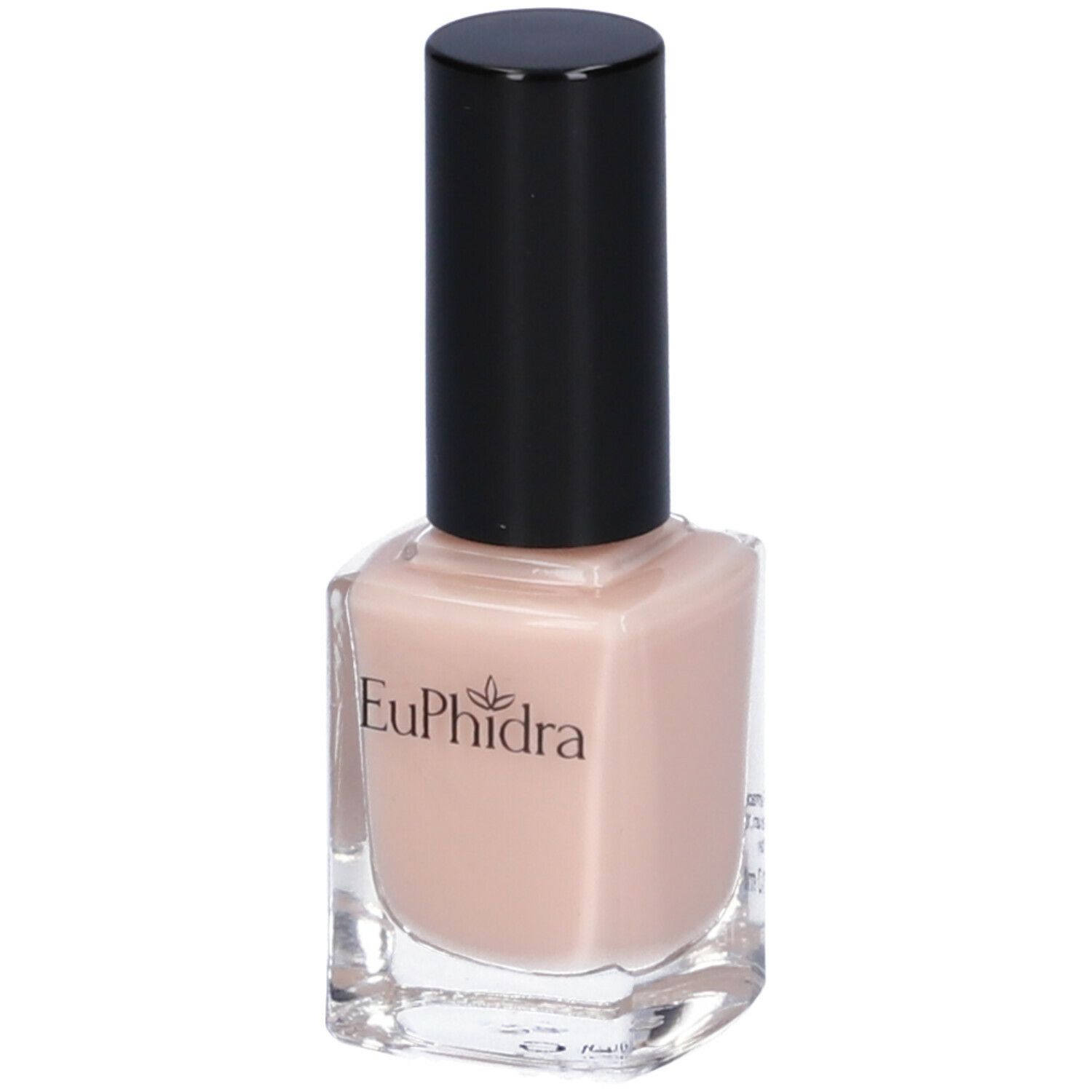 Flacone di smalto beige con tappo nero. Visibile il logo Euphidra.