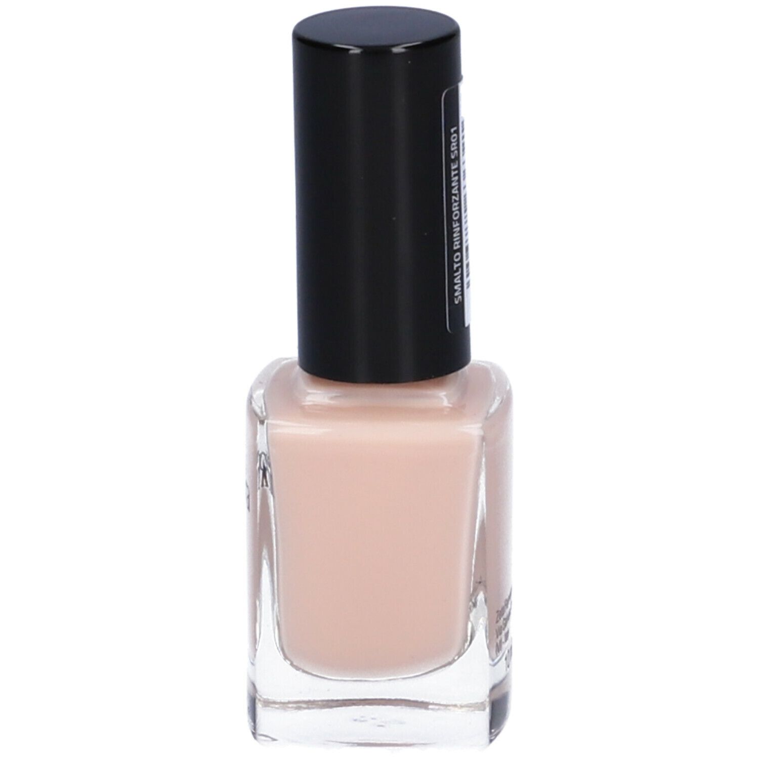Flacone smalto beige con tappo nero. Etichetta con 'SMALTO RINFORZANTE SR01'.