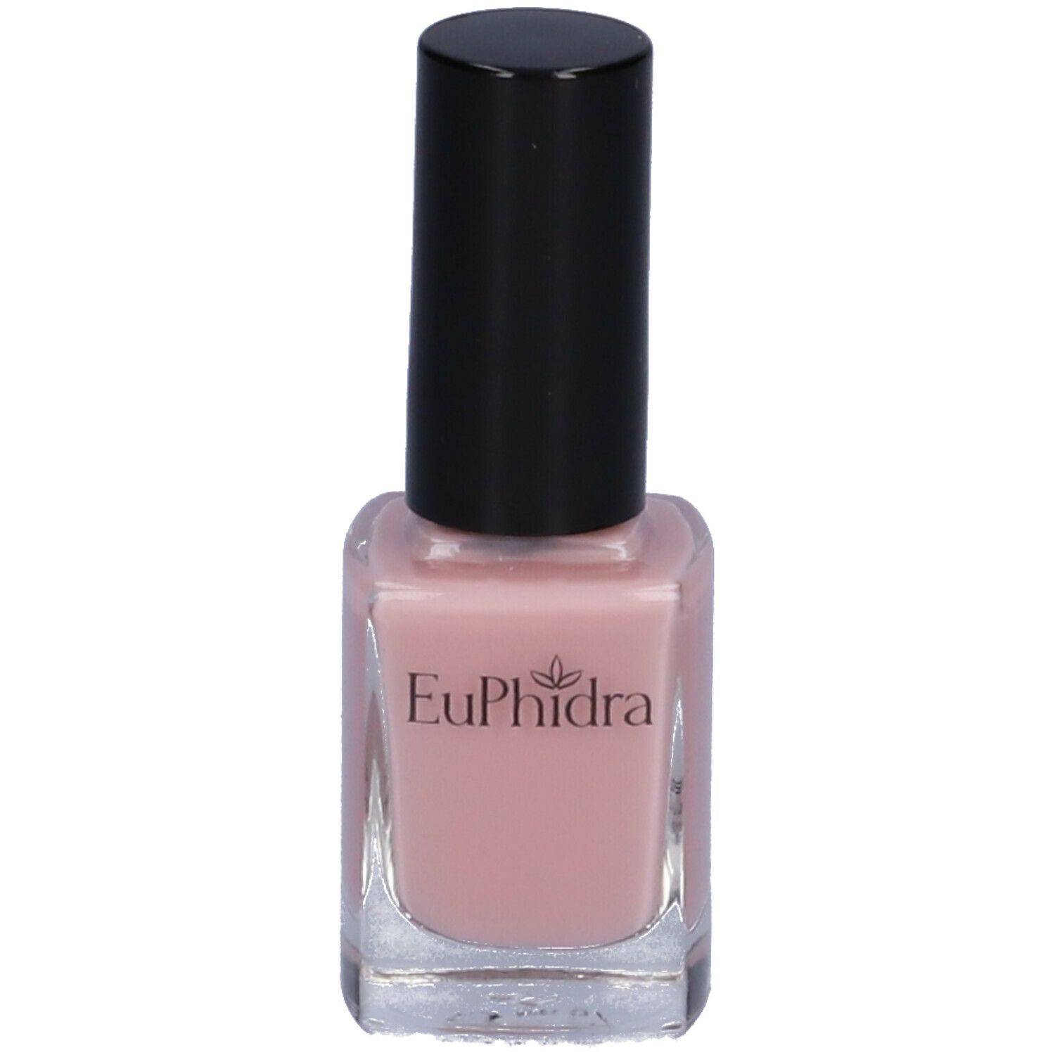 Flacone di smalto rosa con tappo nero. Scritta: Euphidra.