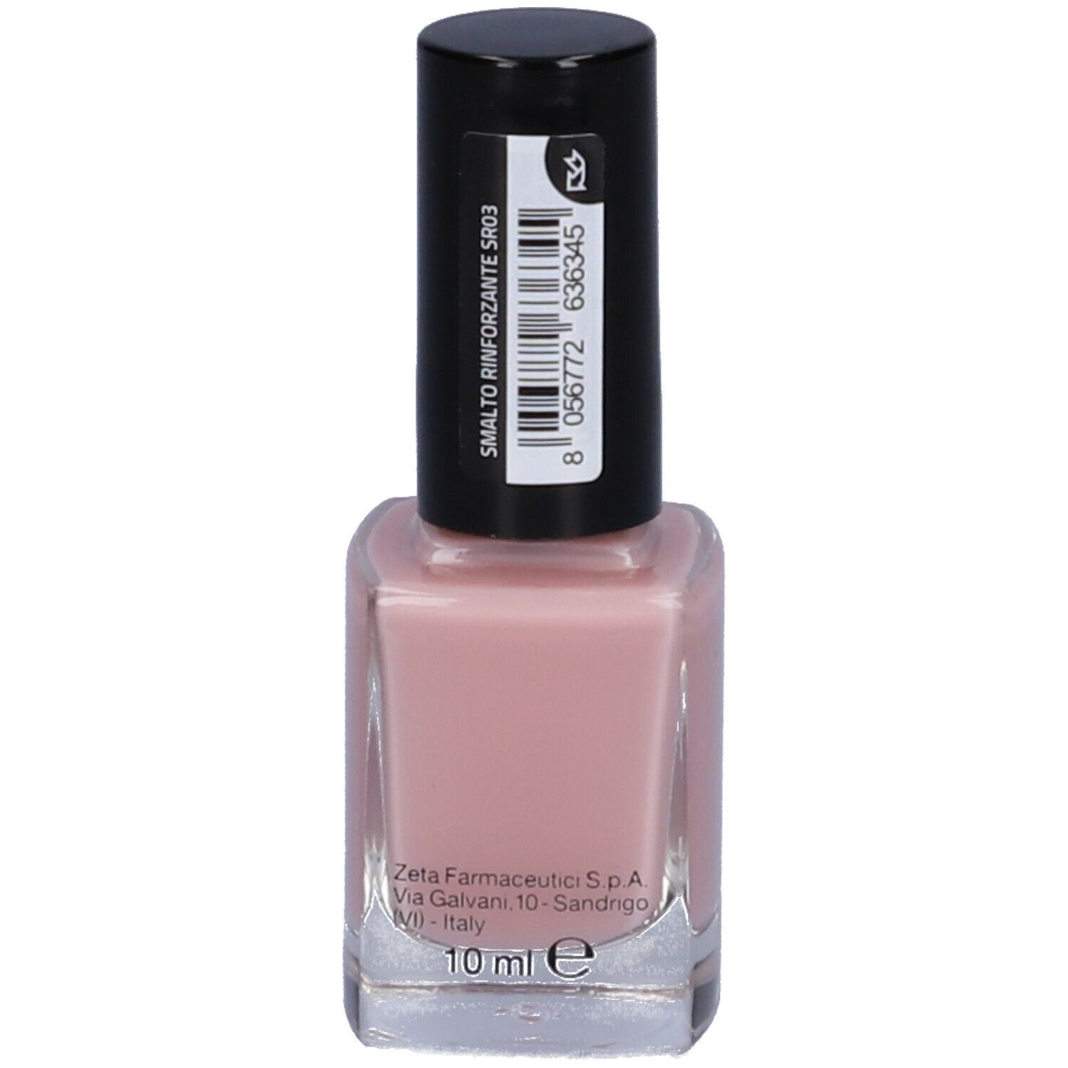 Flacone di smalto rosa con tappo nero. Scritta: Smalto Rinforzante SR03, 10 ml.