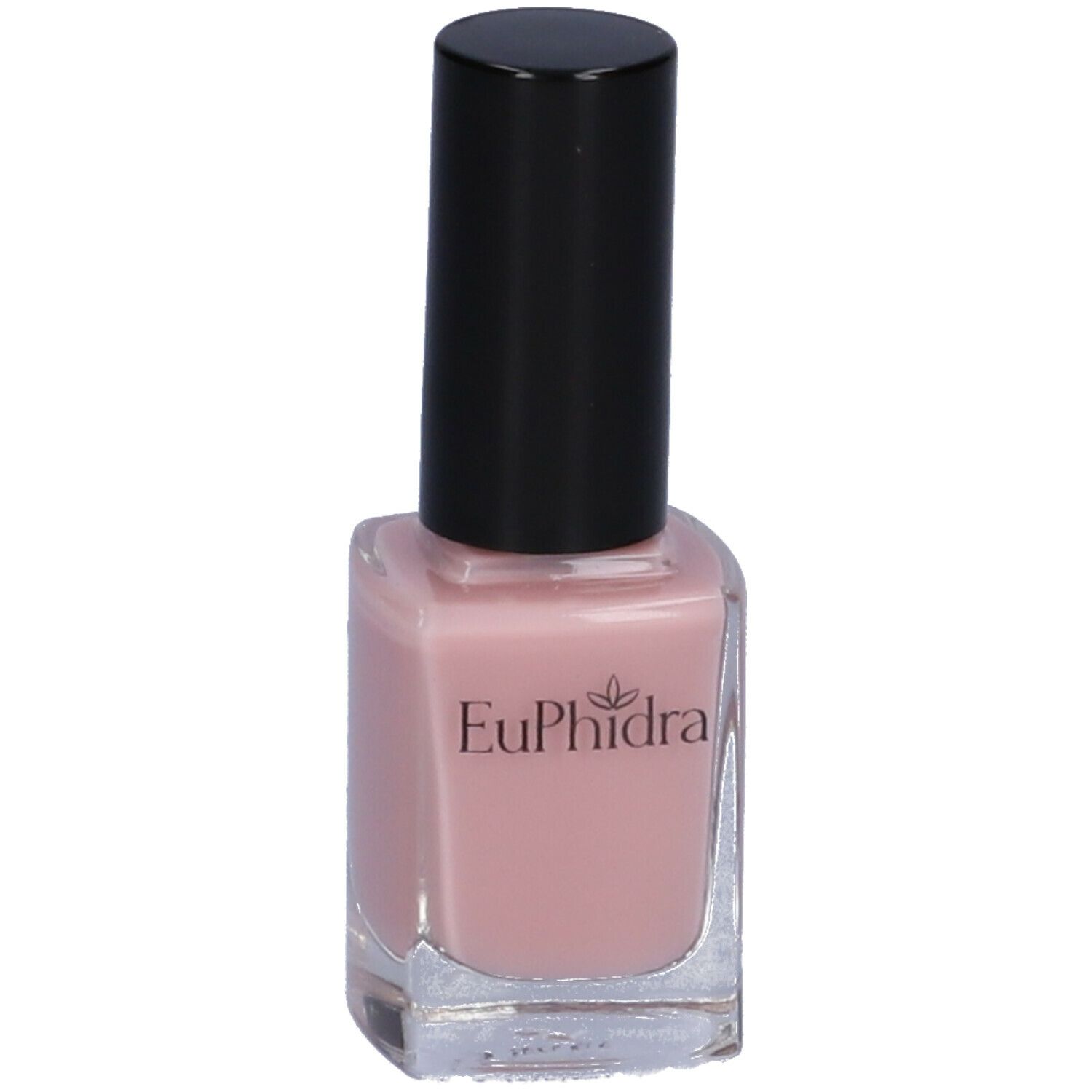 Flacone di smalto rosa con tappo nero. Scritta: Euphidra.