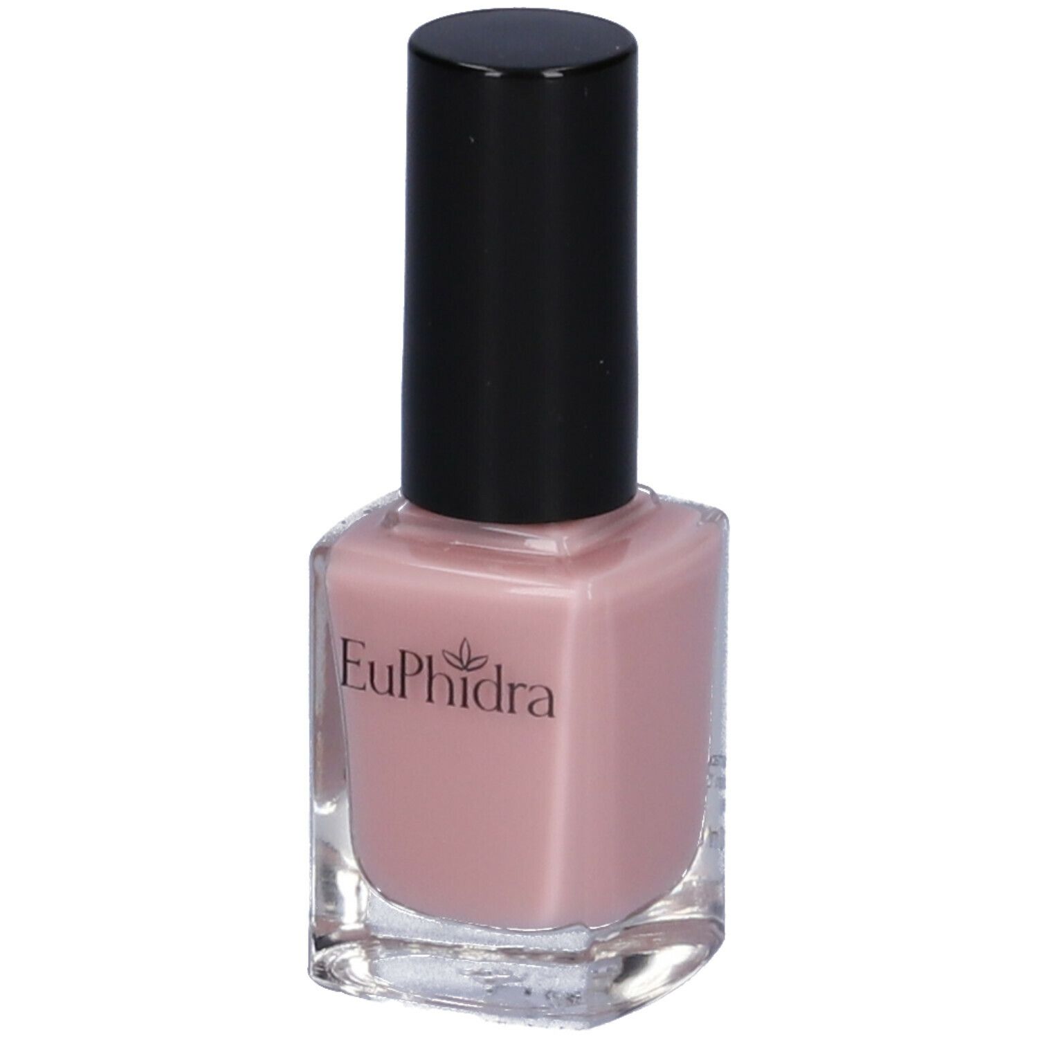 Flacone di smalto rosa con tappo nero. Scritta: Euphidra.