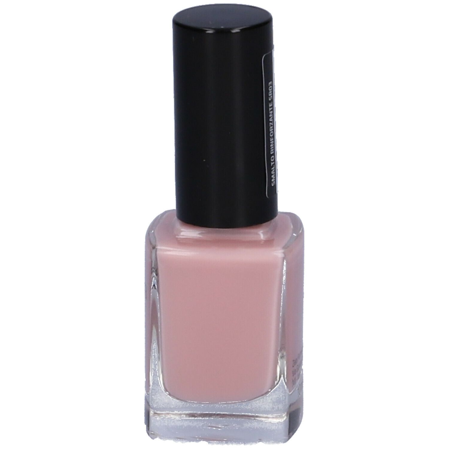 Flacone di smalto rosa con tappo nero. Scritta: Euphidra.