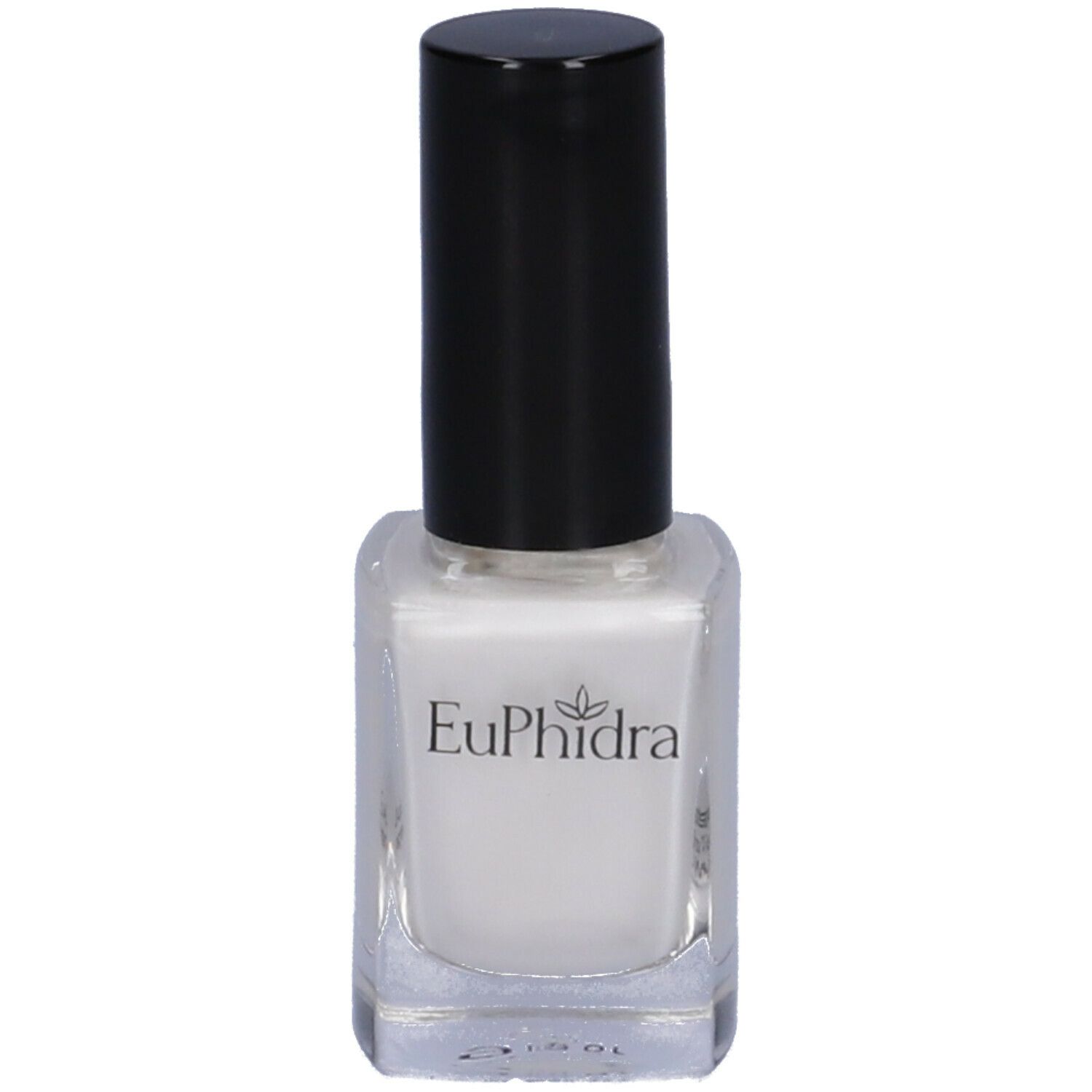 Smalto bianco in boccetta quadrata di vetro con tappo nero. Scritta: Euphidra.