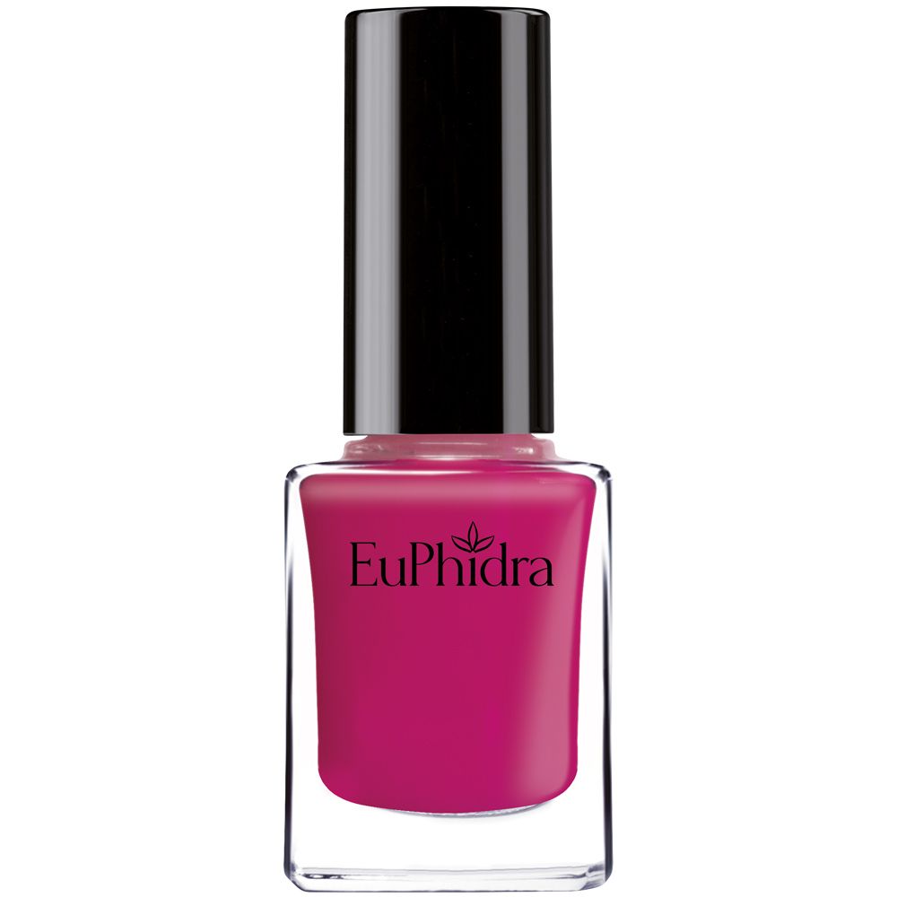 Flacone di smalto rosa con tappo nero. Il nome del marchio Euphidra è visibile sul flacone.
