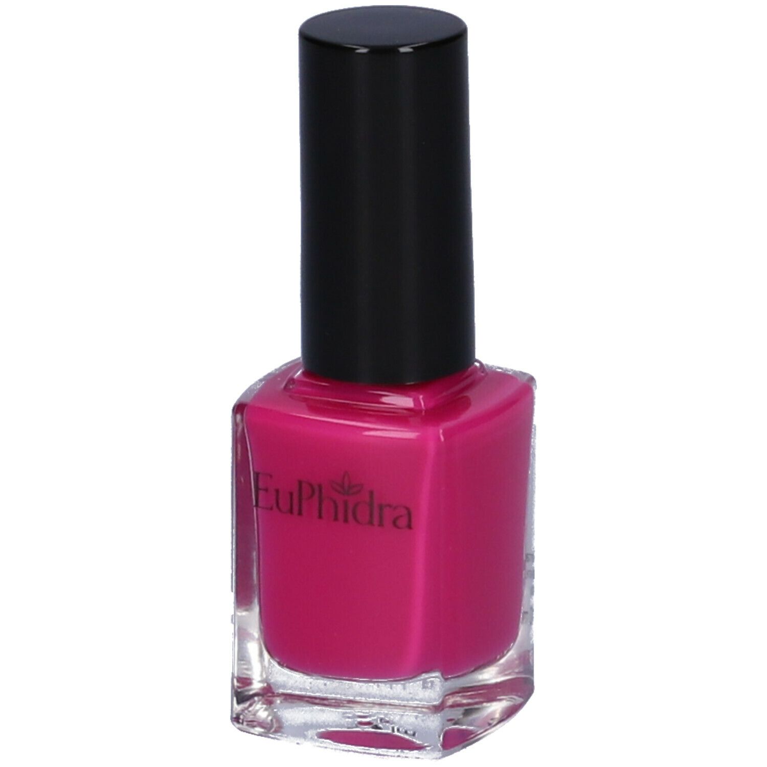 Flacone di smalto rosa con tappo nero. Visibile il nome del marchio Euphidra.