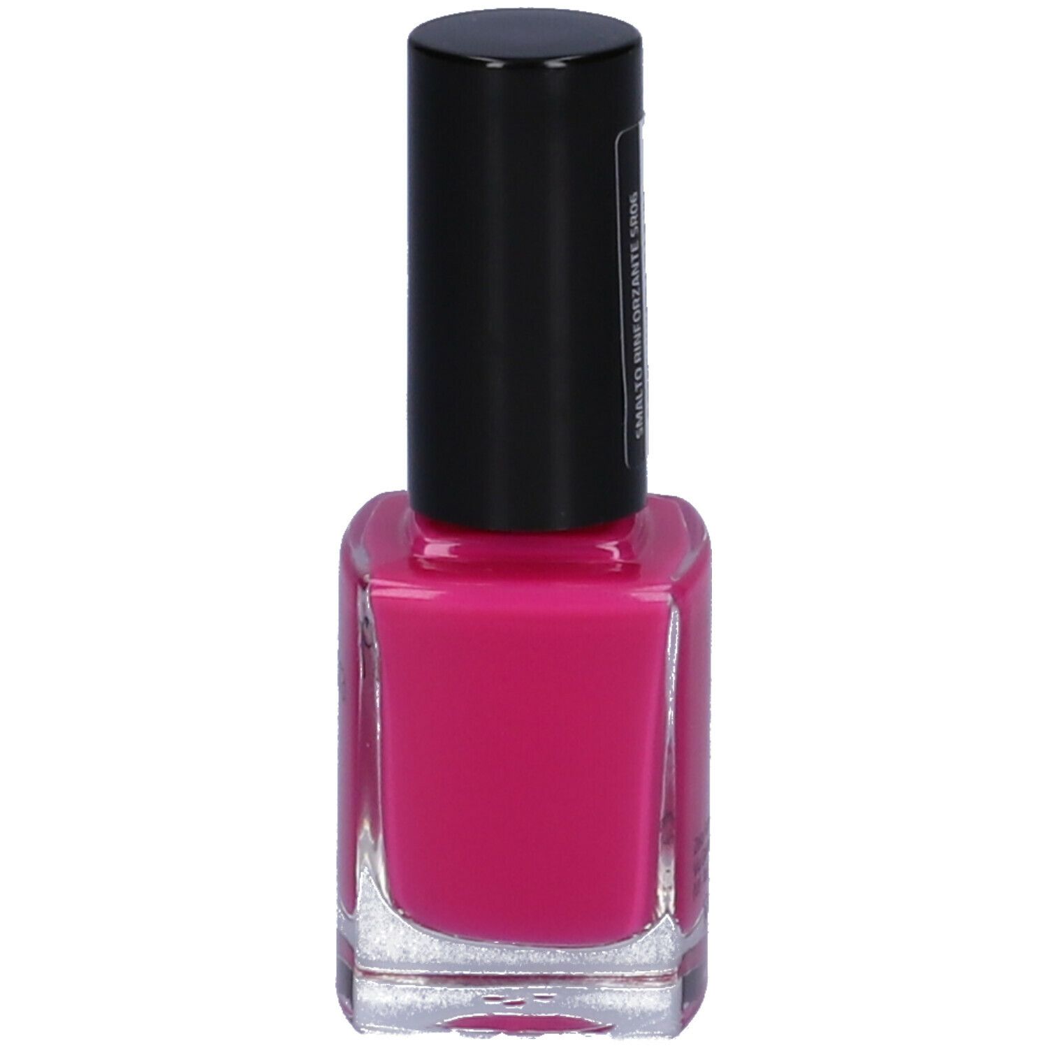 Flacone di smalto rosa con tappo nero ed etichetta con testo.