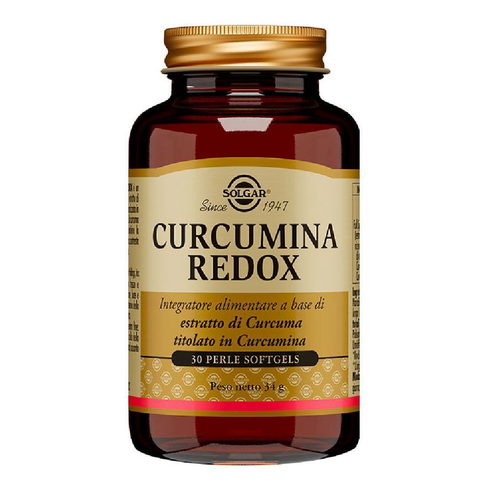 Flacone di vetro marrone con tappo dorato. Scritta: CURCUMINA REDOX, 30 Perle Softgels. Marchio SOLGAR.