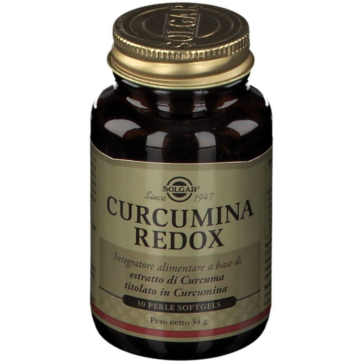 Flacone di vetro marrone con tappo dorato. Scritta: CURCUMINA REDOX, 30 Perle Softgels. Marchio SOLGAR.