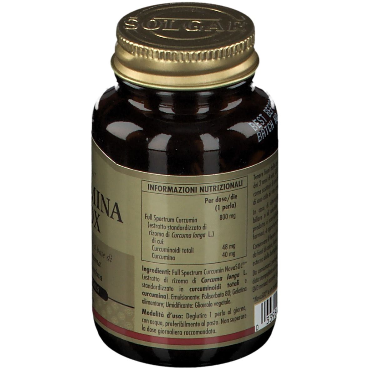 Retro di un flacone di vetro marrone con tappo dorato. Testo: Informazioni nutrizionali, ingredienti, data di scadenza, numero di lotto.
