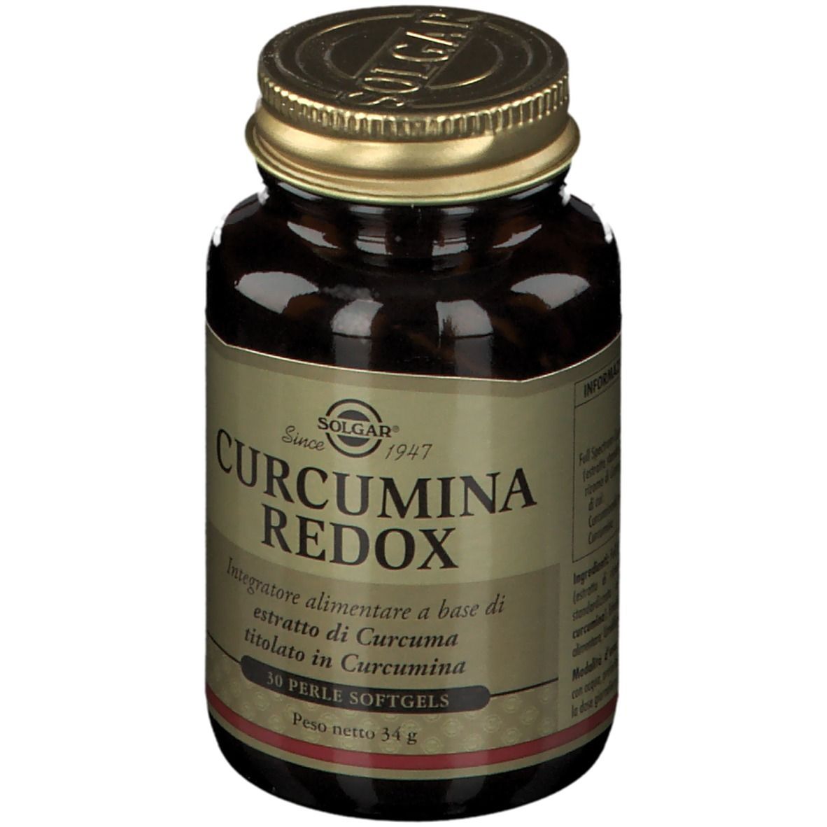 Flacone di vetro marrone con tappo dorato. Scritta: CURCUMINA REDOX, 30 Perle Softgels. Marchio SOLGAR.