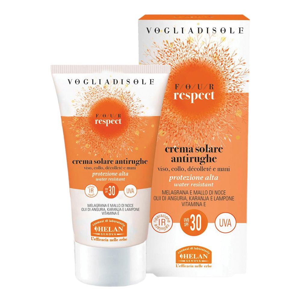 Tubo e scatola di crema. Scritto: Voglia Di Sole Respect, Crema Solare Antirughe SPF30. Resistente all'acqua.