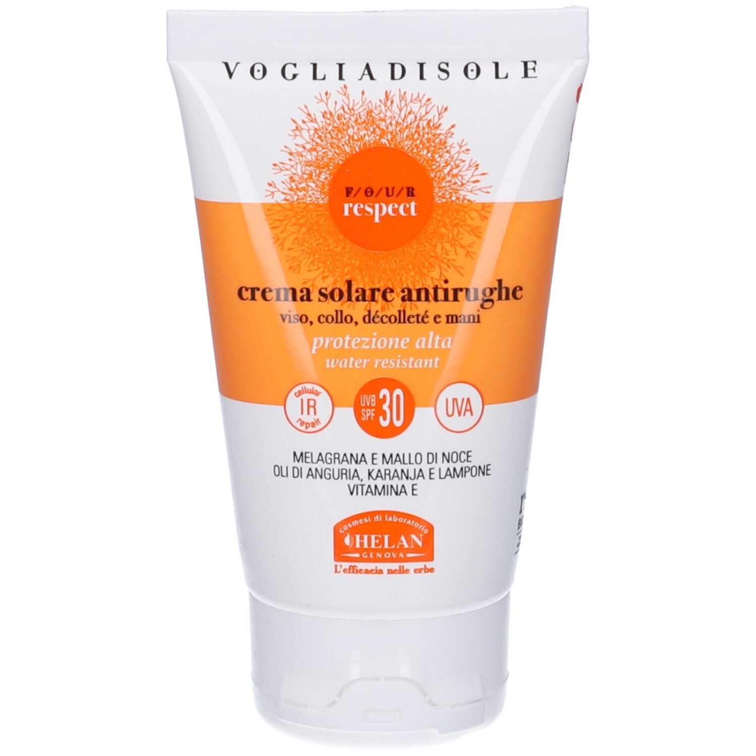 Tubo bianco con scritta: Voglia Di Sole Respect, Crema Solare Antirughe SPF30. Resistente all'acqua. Con logo SPF30.