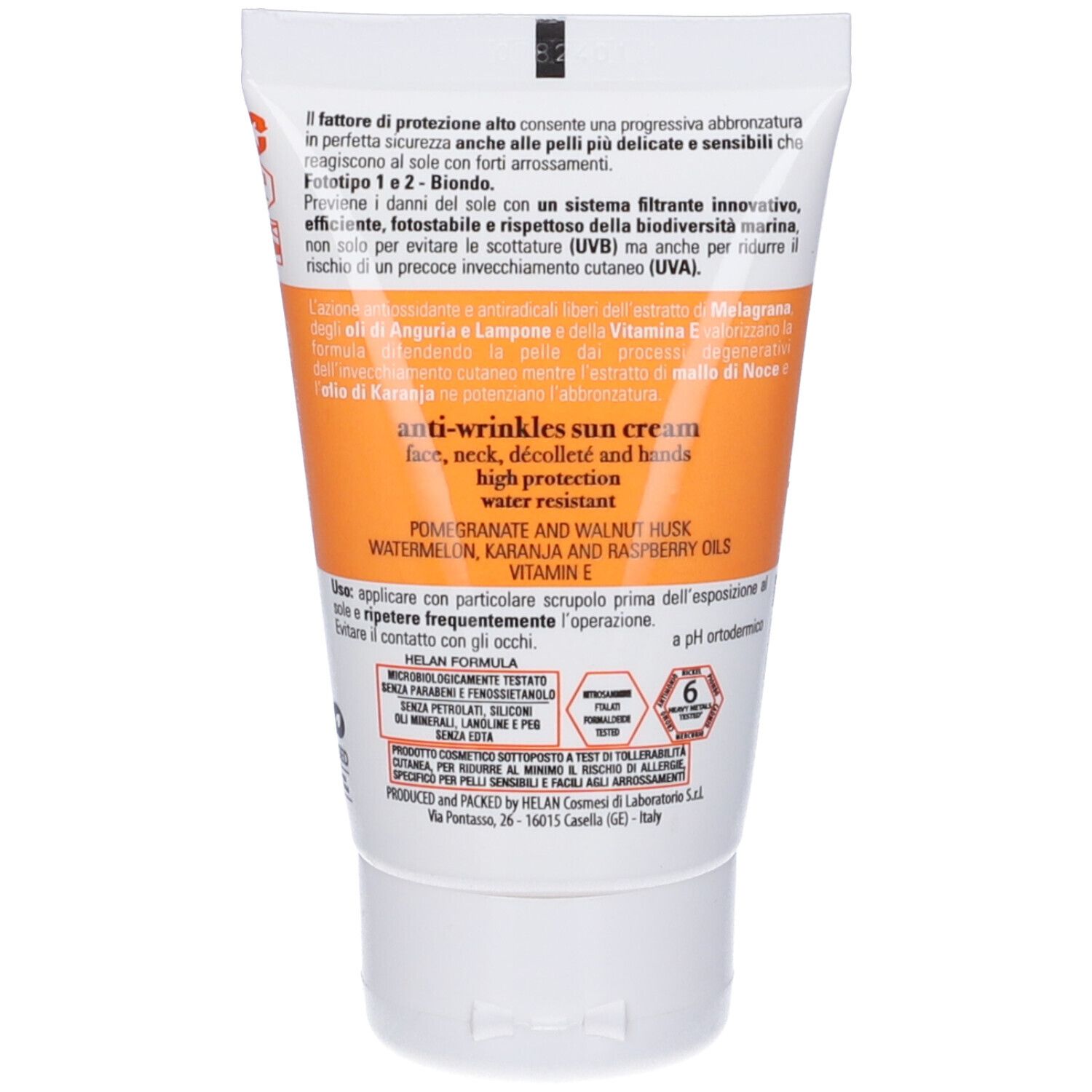 Retro del tubo con testo. Crema solare antirughe. Per viso, collo, décolleté e mani. Resistente all'acqua.