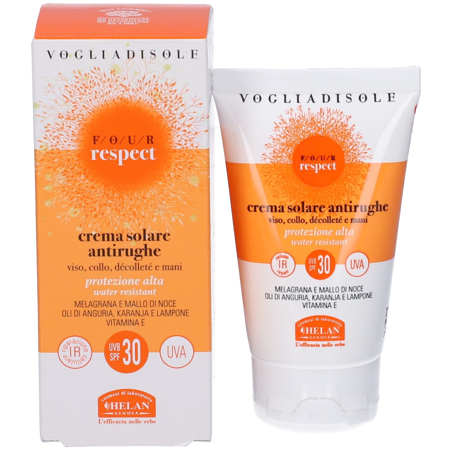 Tubo e scatola di crema. Scritto: Voglia Di Sole Respect, Crema Solare Antirughe SPF30. Resistente all'acqua. SPF30.