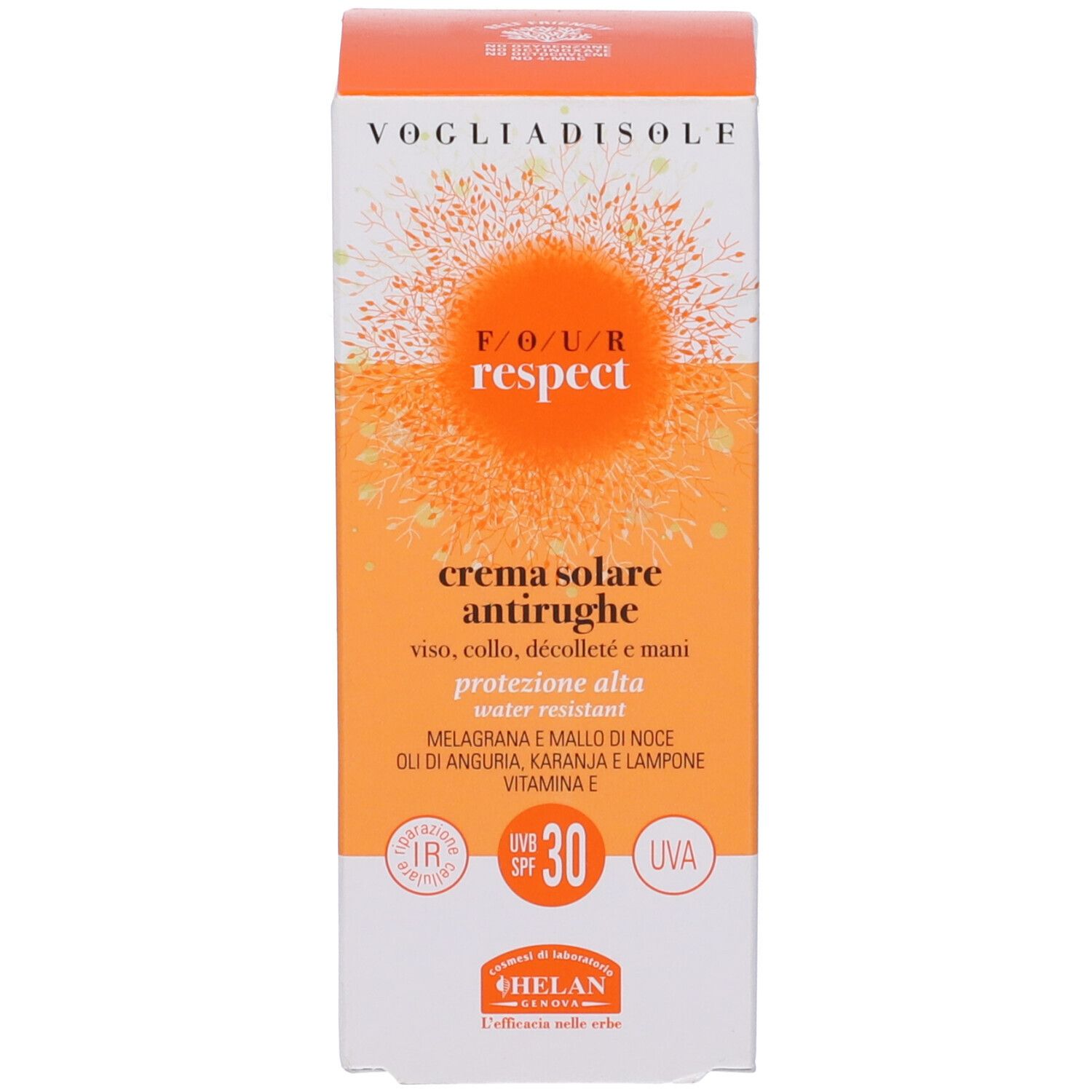 Scatola con scritta: Voglia Di Sole Respect, Crema Solare Antirughe SPF30. Resistente all'acqua. Con logo SPF30.