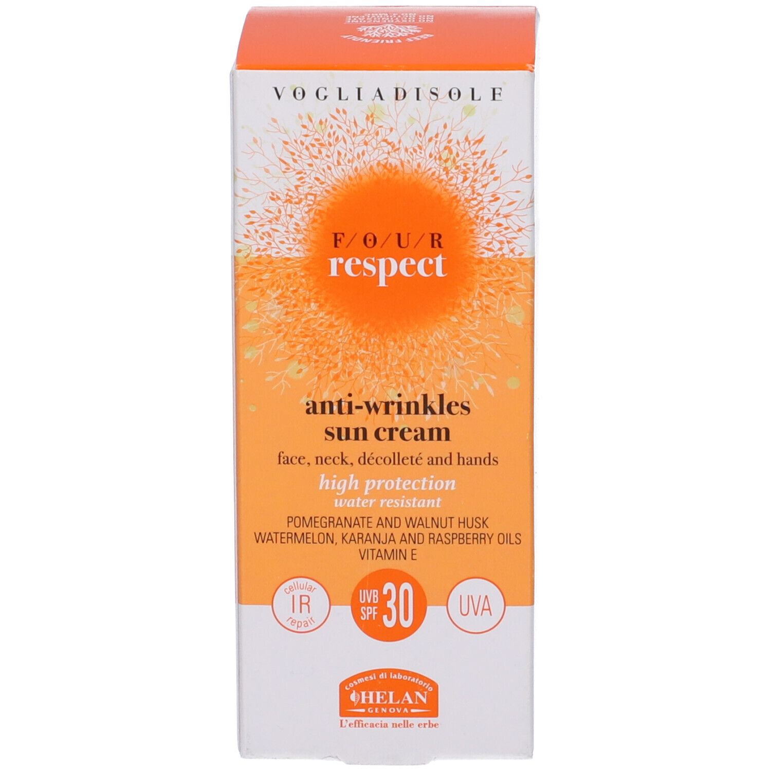 Scatola con scritta: Voglia Di Sole Respect, Crema solare antirughe. Per viso, collo, décolleté e mani. SPF30.