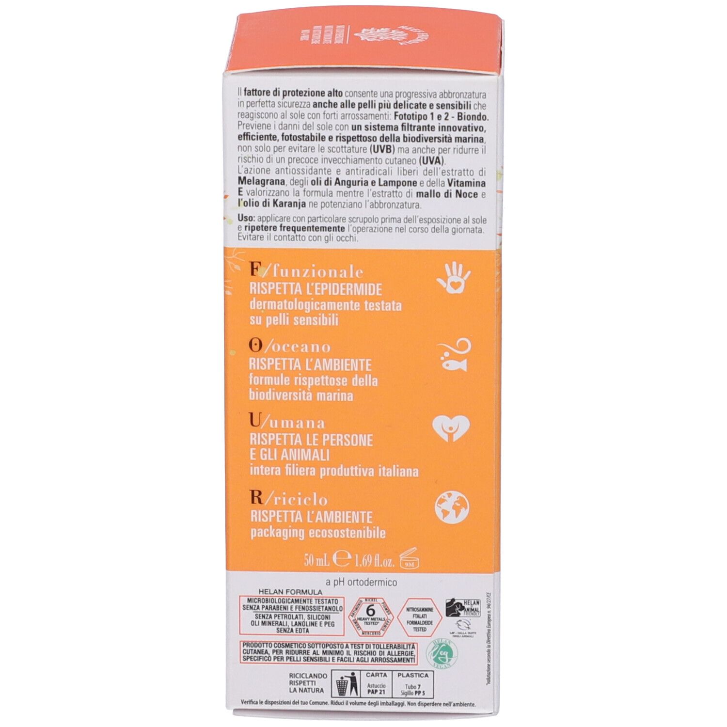 Retro della scatola con testo. Crema solare antirughe. Per viso, collo, décolleté e mani. SPF30.