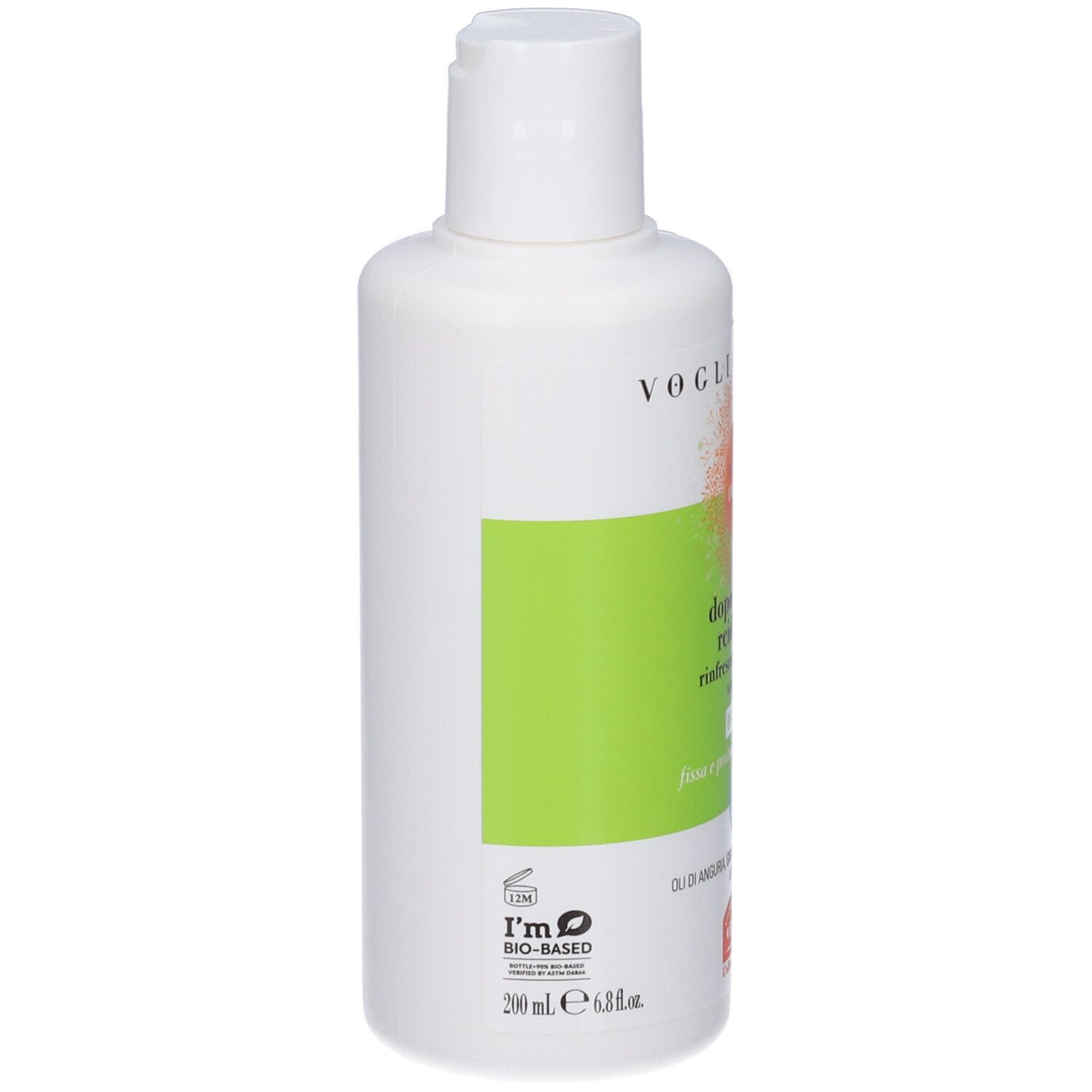 Flacone bianco con etichetta verde. Testo: VOGLIADISOLE, doposole latte reidratante. Con tappo a scatto. Certificazione bio-based.